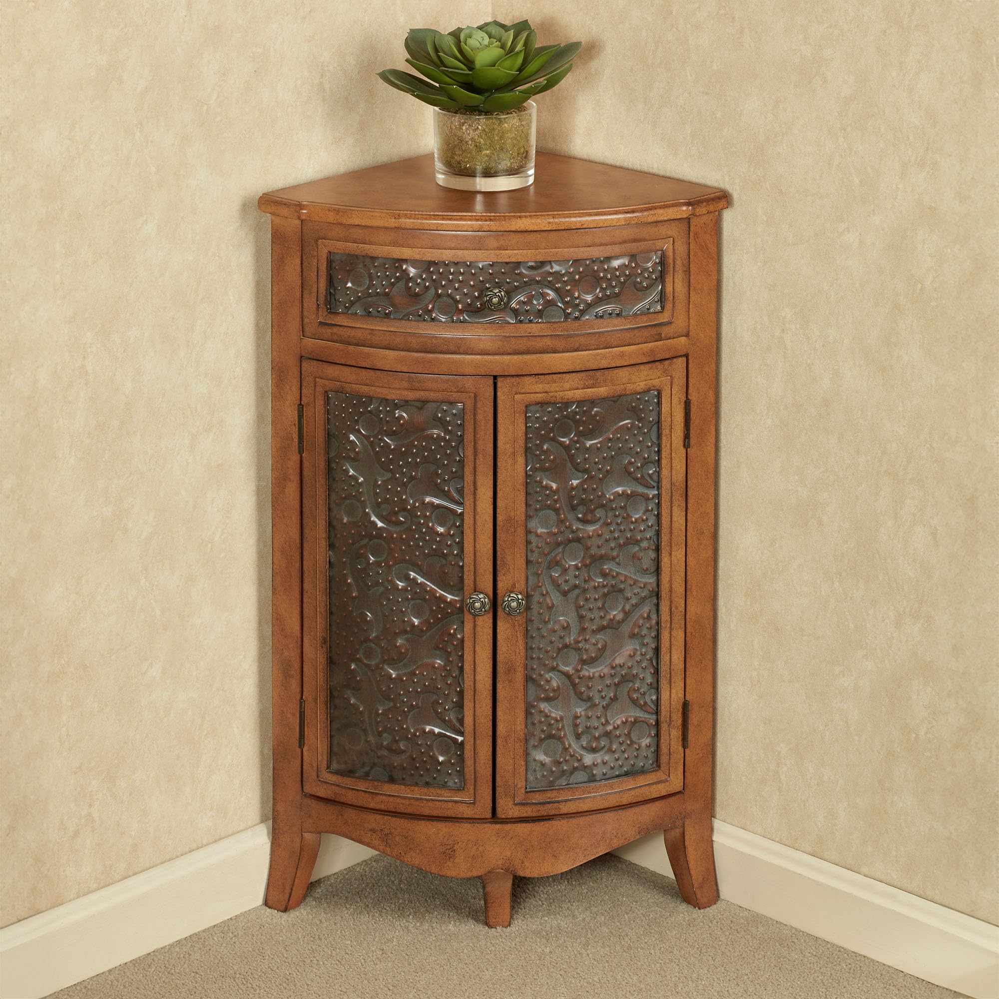 Corner Accent Storage Cabinet Pecan Wood