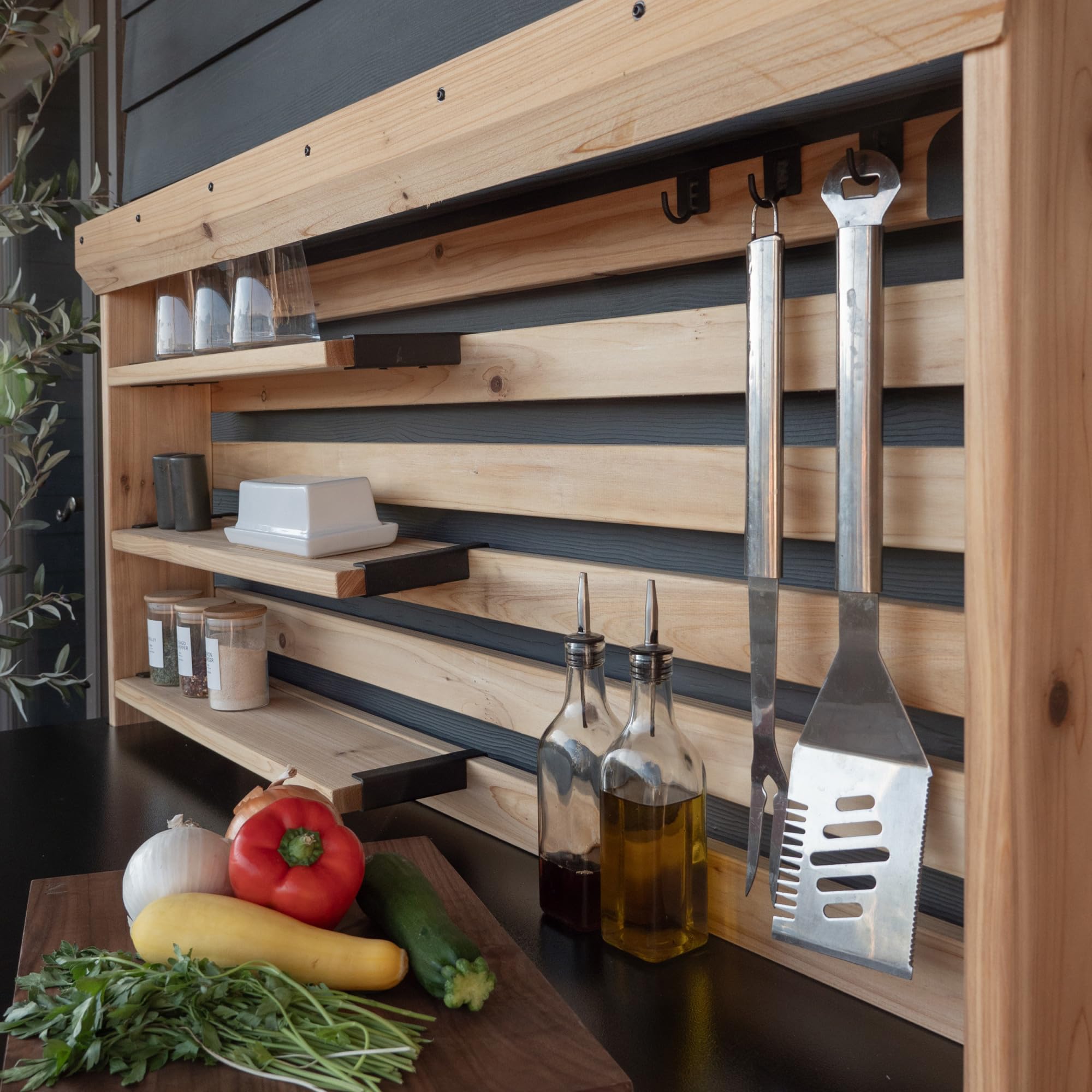 Cedar Wood Buffet Hutch Serving Station with Steel Countertop