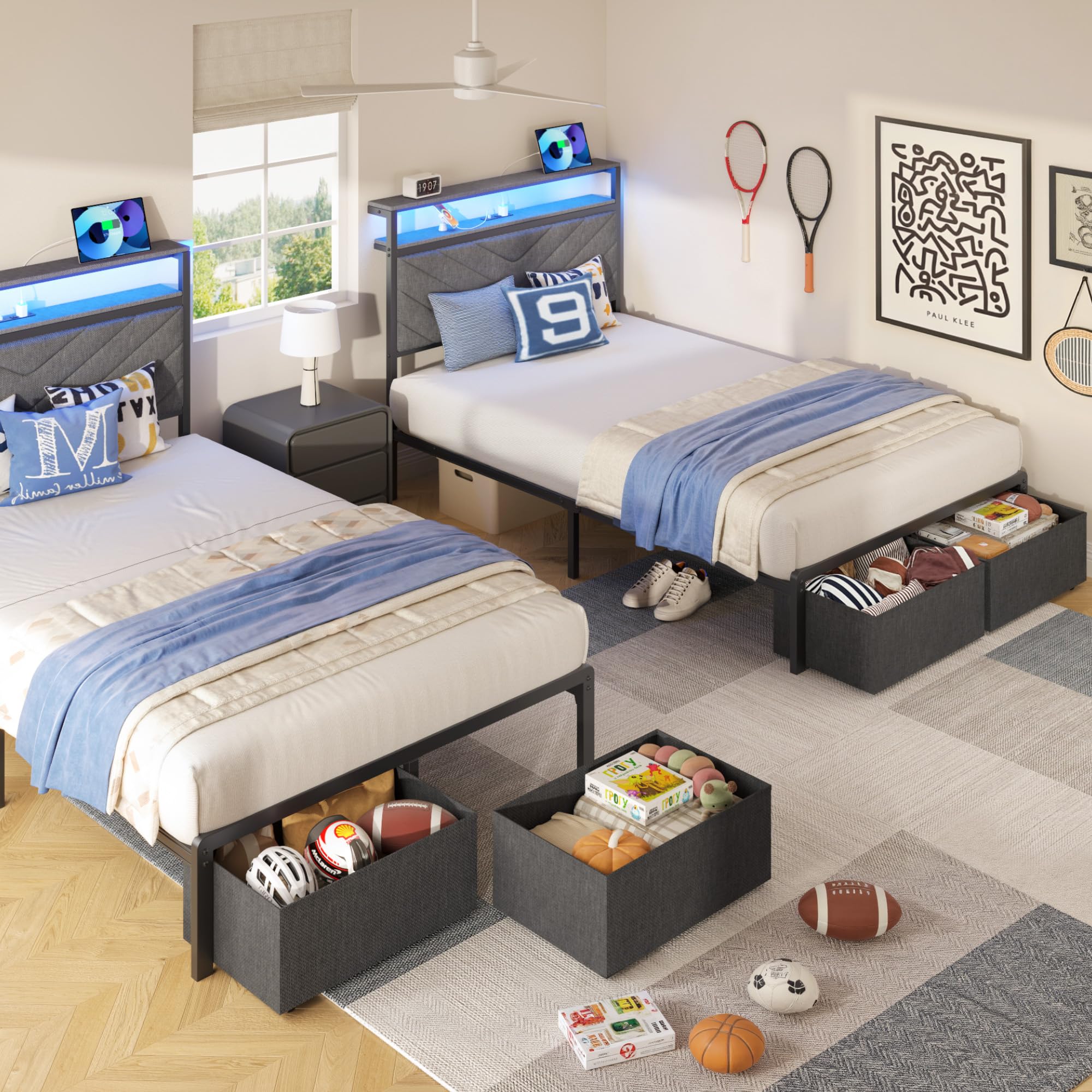 Twin Bed Frame with Charging Station and LED Lights