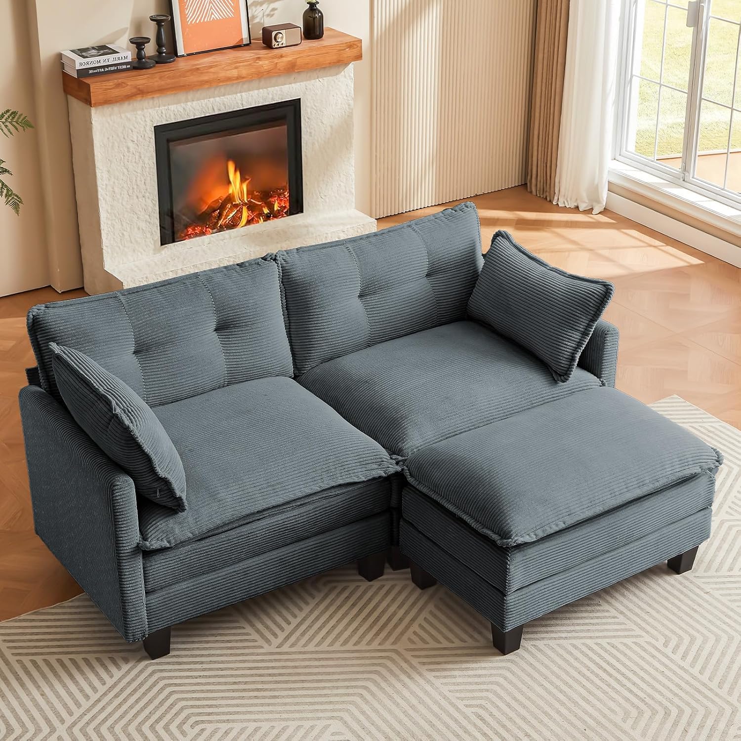 76.5" L-Shaped Modular Sectional Sofa with Ottoman - Grey Corduroy