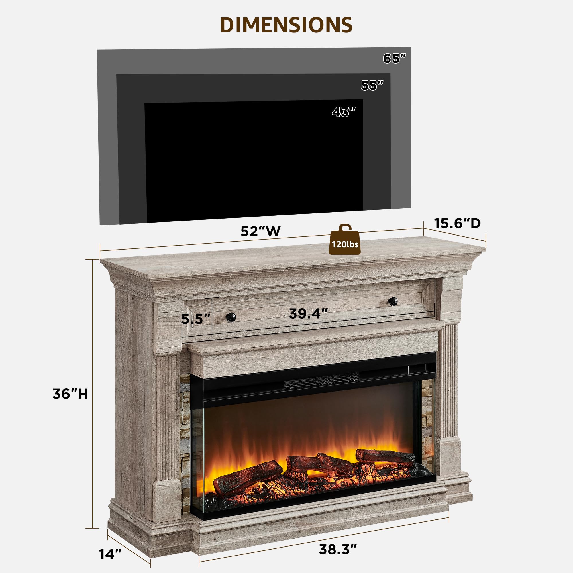 52" Electric Fireplace TV Stand with 3-Sided Glass Insert and Hidden Storage