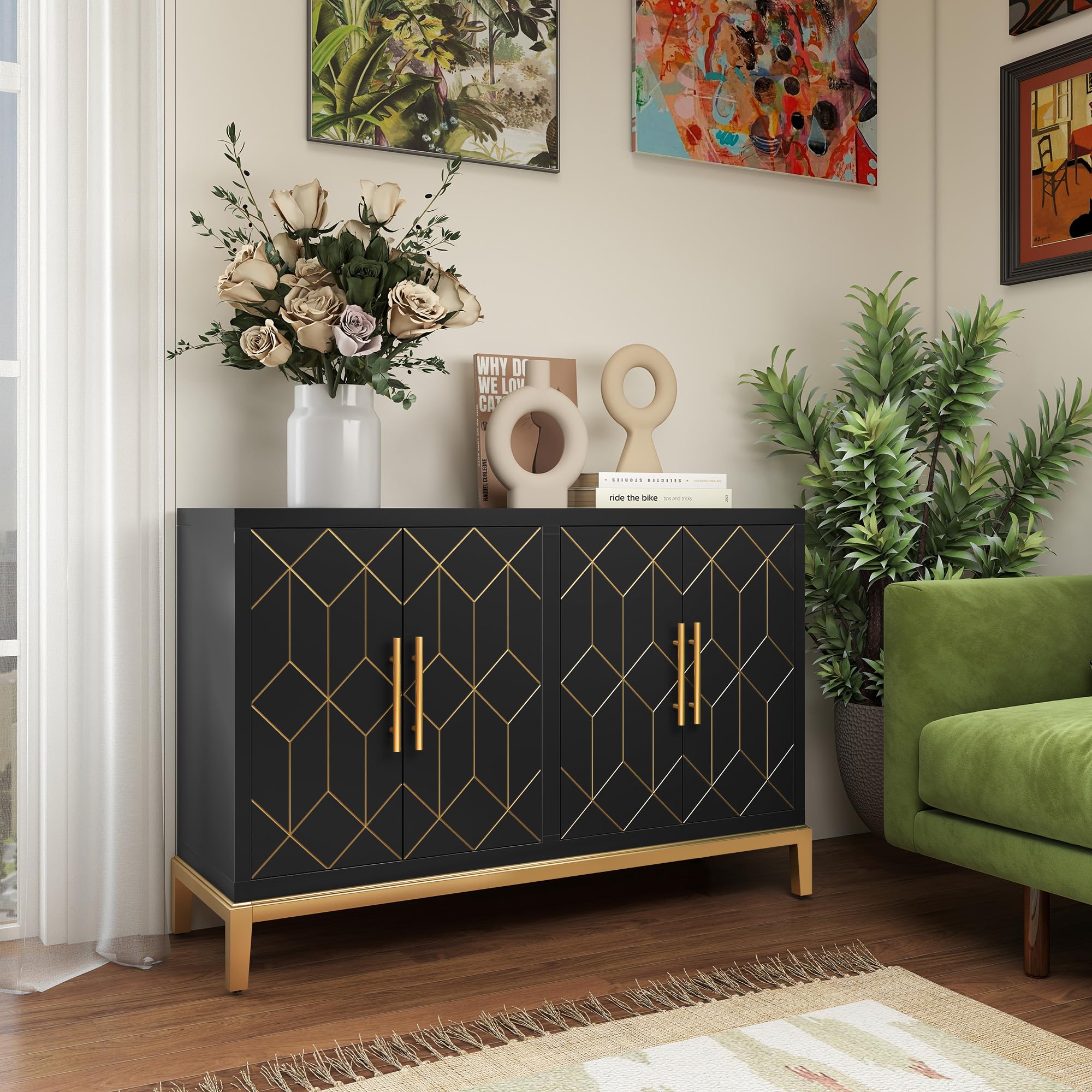 4-Door Storage Accent Cabinet with Gold Lines