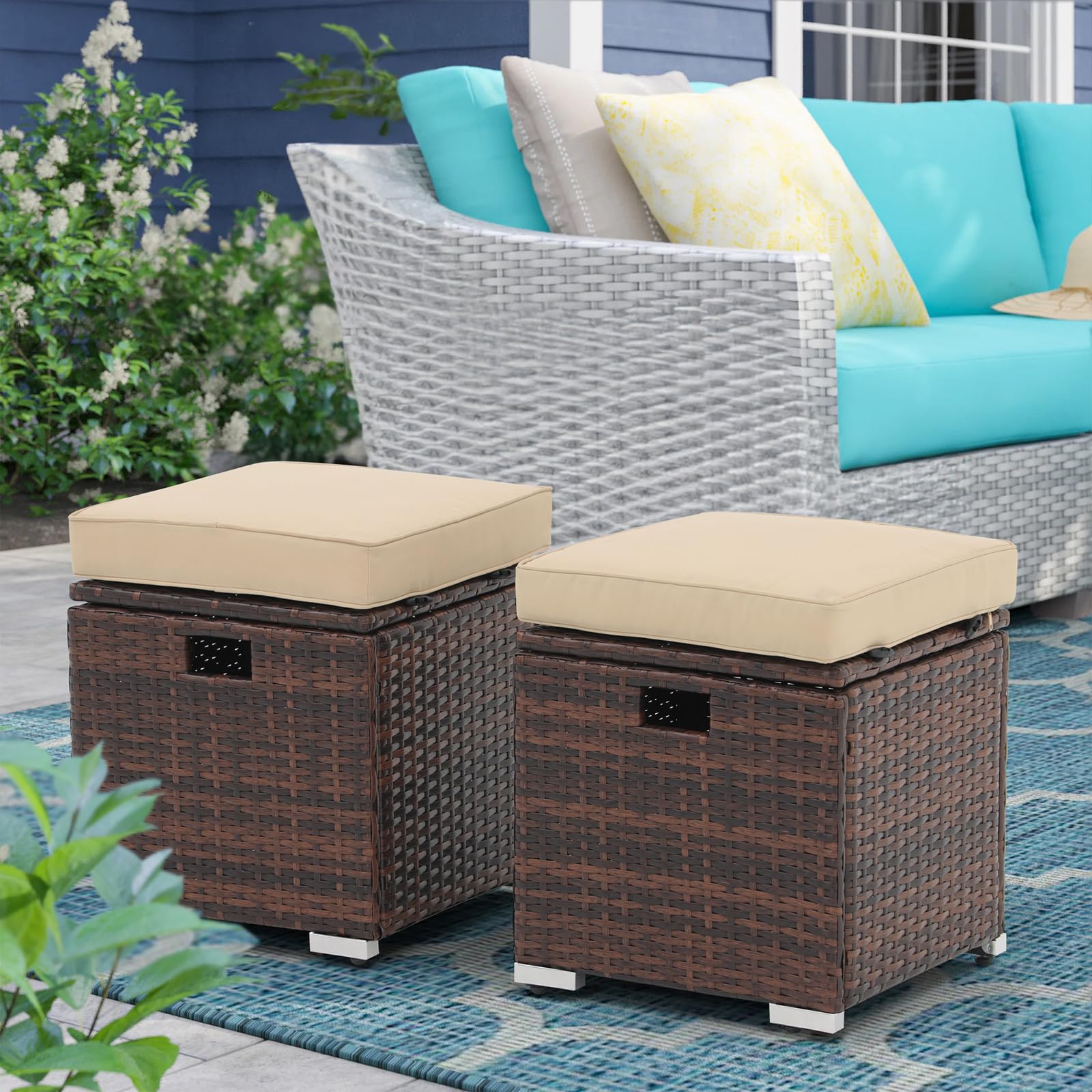 2-Piece Outdoor Patio Storage Ottoman Set - Beige Rattan Wicker