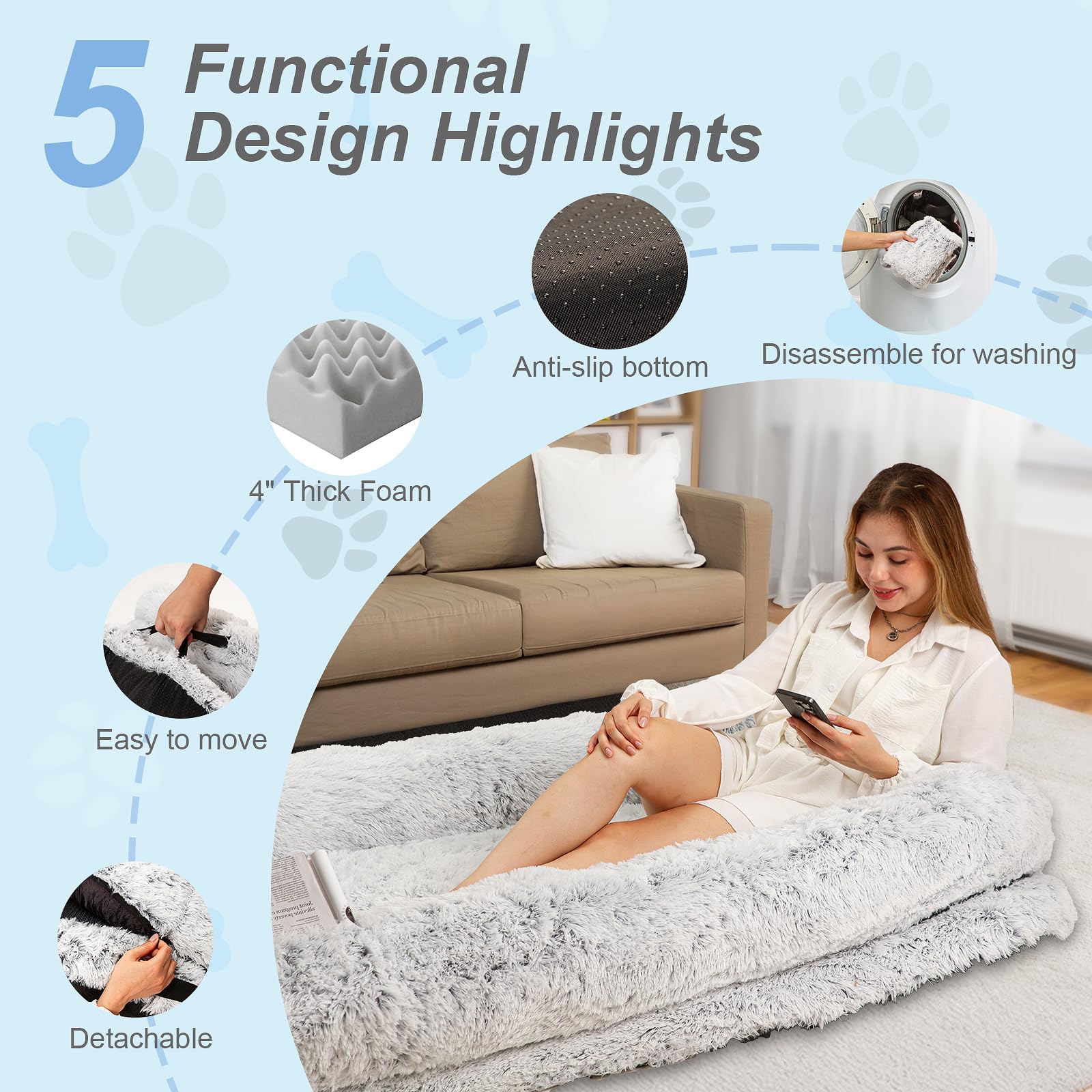 Orthopedic Human Dog Bed XL Light Grey