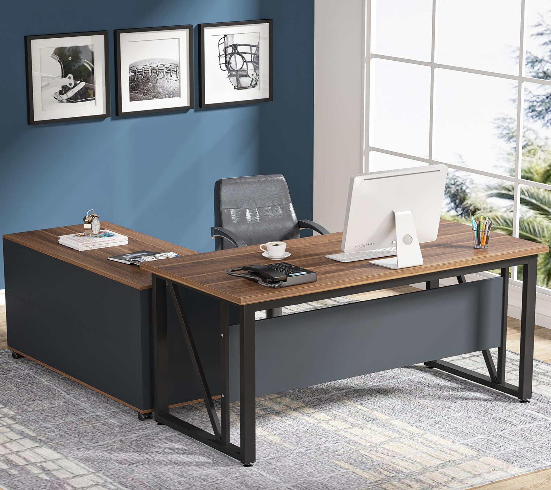 55" L-Shaped Executive Desk with File Cabinet