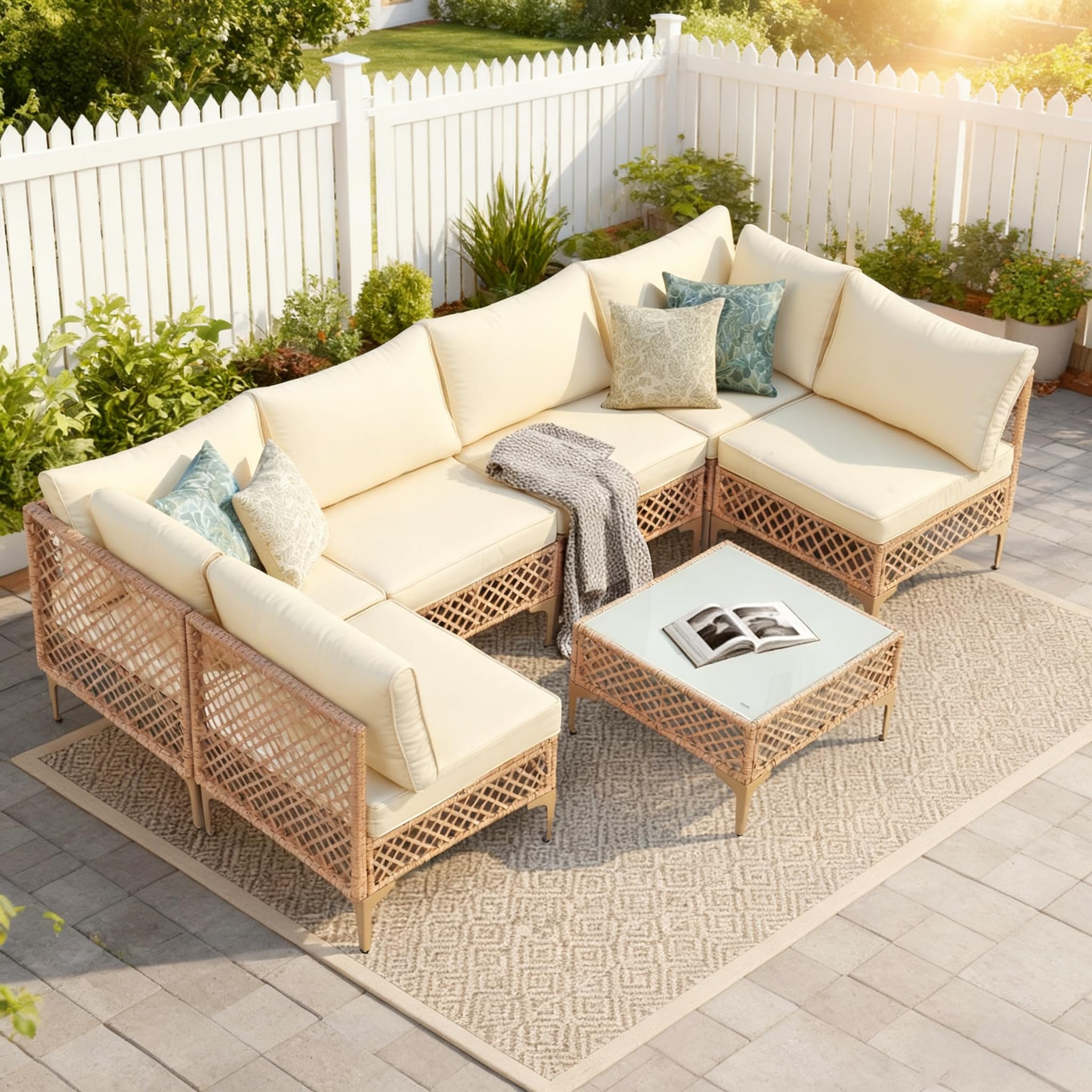 7 Piece Patio Wicker Sectional Conversation Set