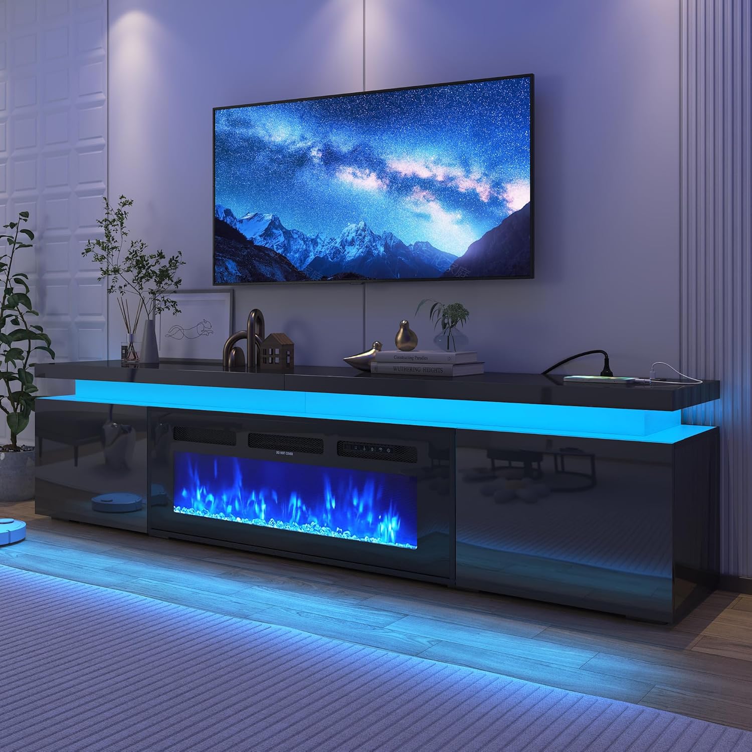 71 Inch LED TV Stand with 40 Inch Electric Fireplace and Storage