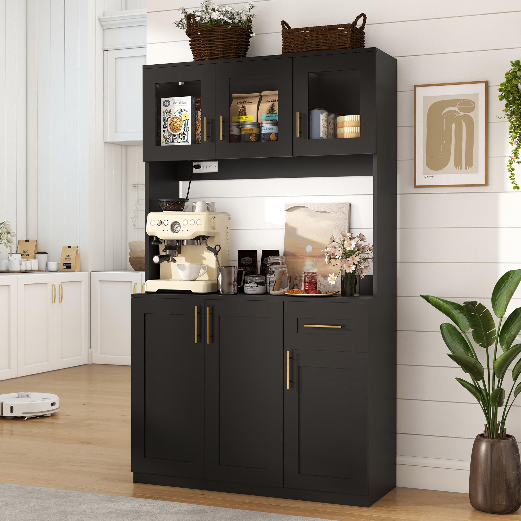 Kitchen Pantry Cabinet with Microwave Shelf and Charging Station