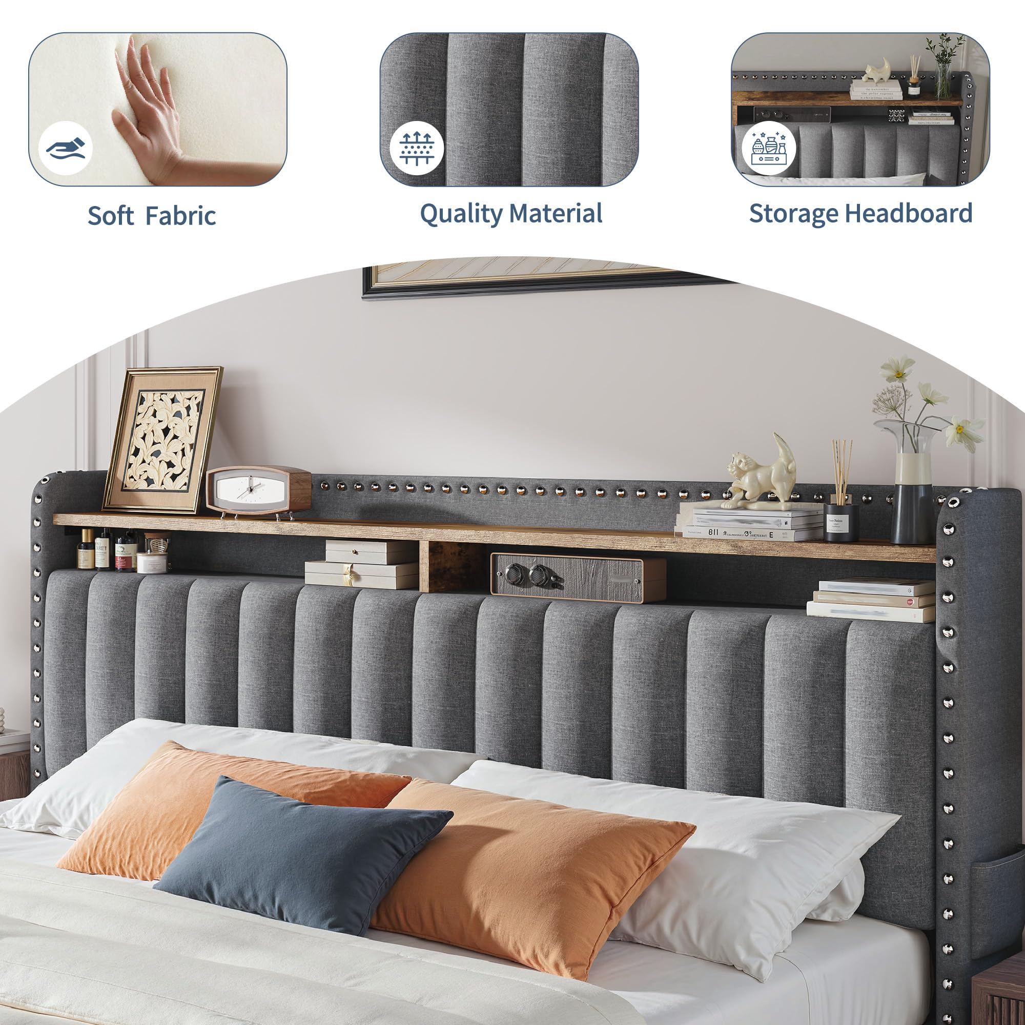 Queen Size Upholstered Bed Frame with Storage Drawers