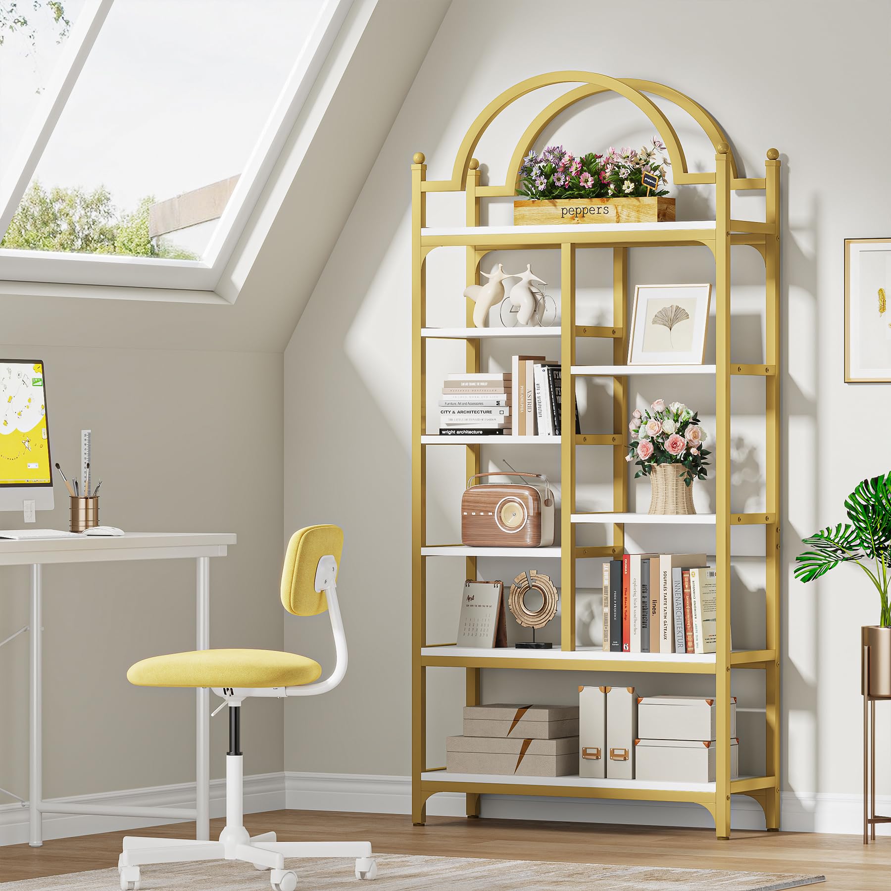 71 Inch Tall Gold Bookshelf 8-Tier Modern Arched Etagere