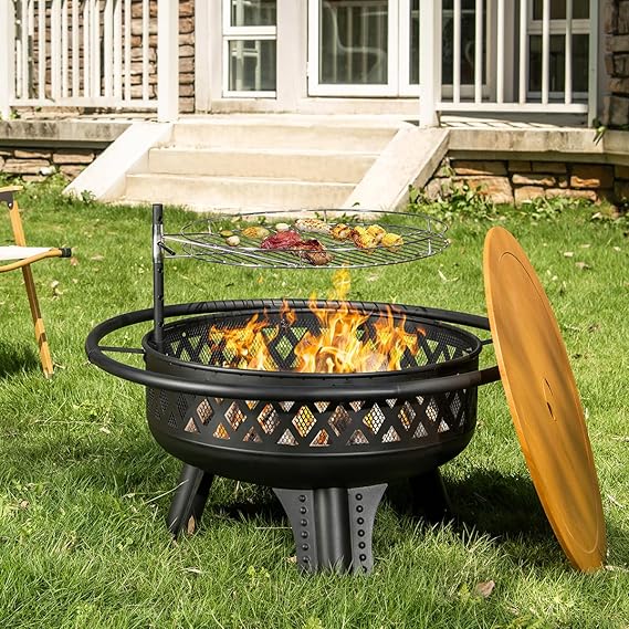 38 Inch Round Wood Burning Fire Pit with Grill