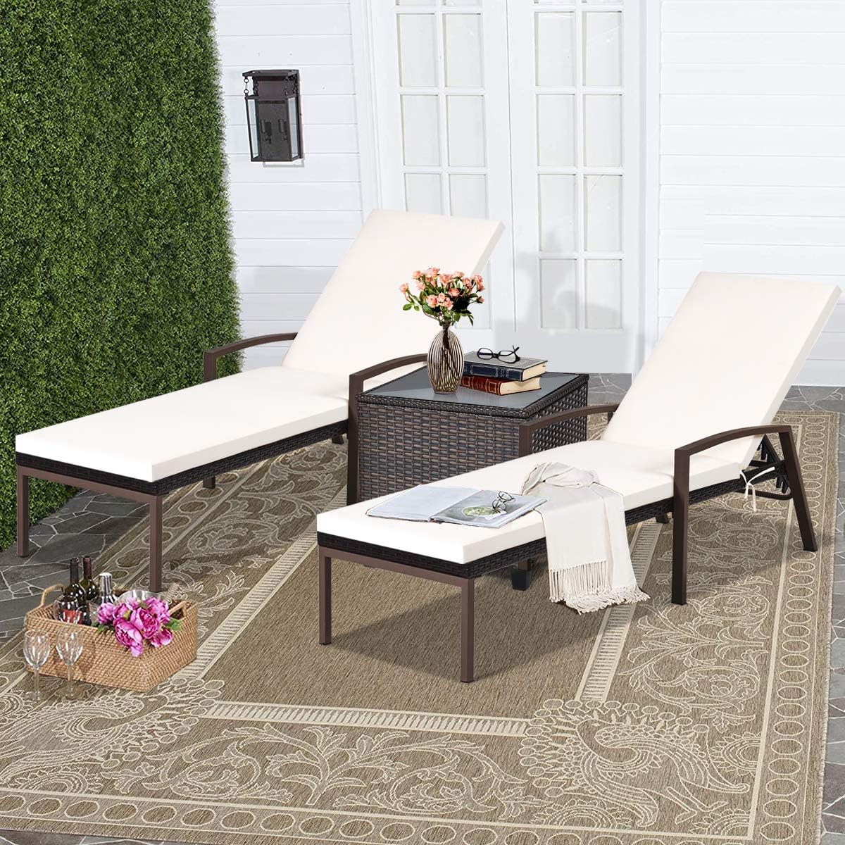 Outdoor Rattan Wicker Chaise Lounge Set of 2 with Adjustable Backrest