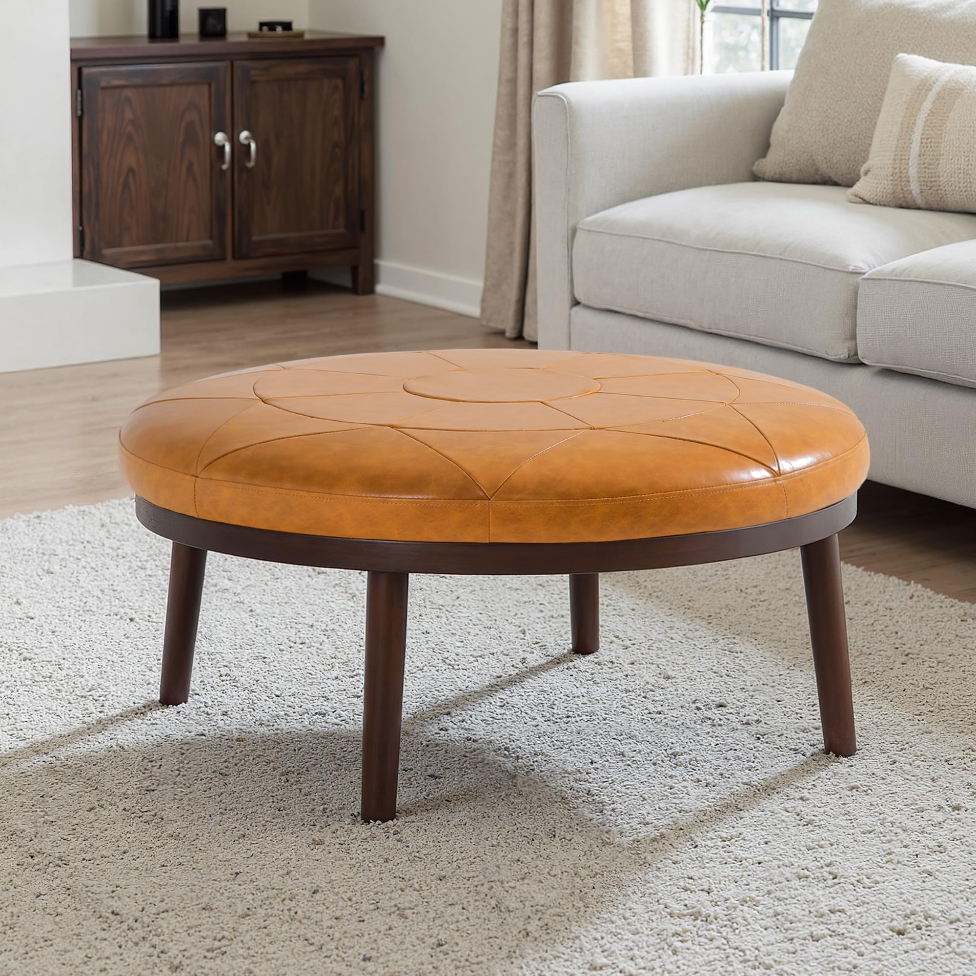 Round Leather Ottoman Coffee Table