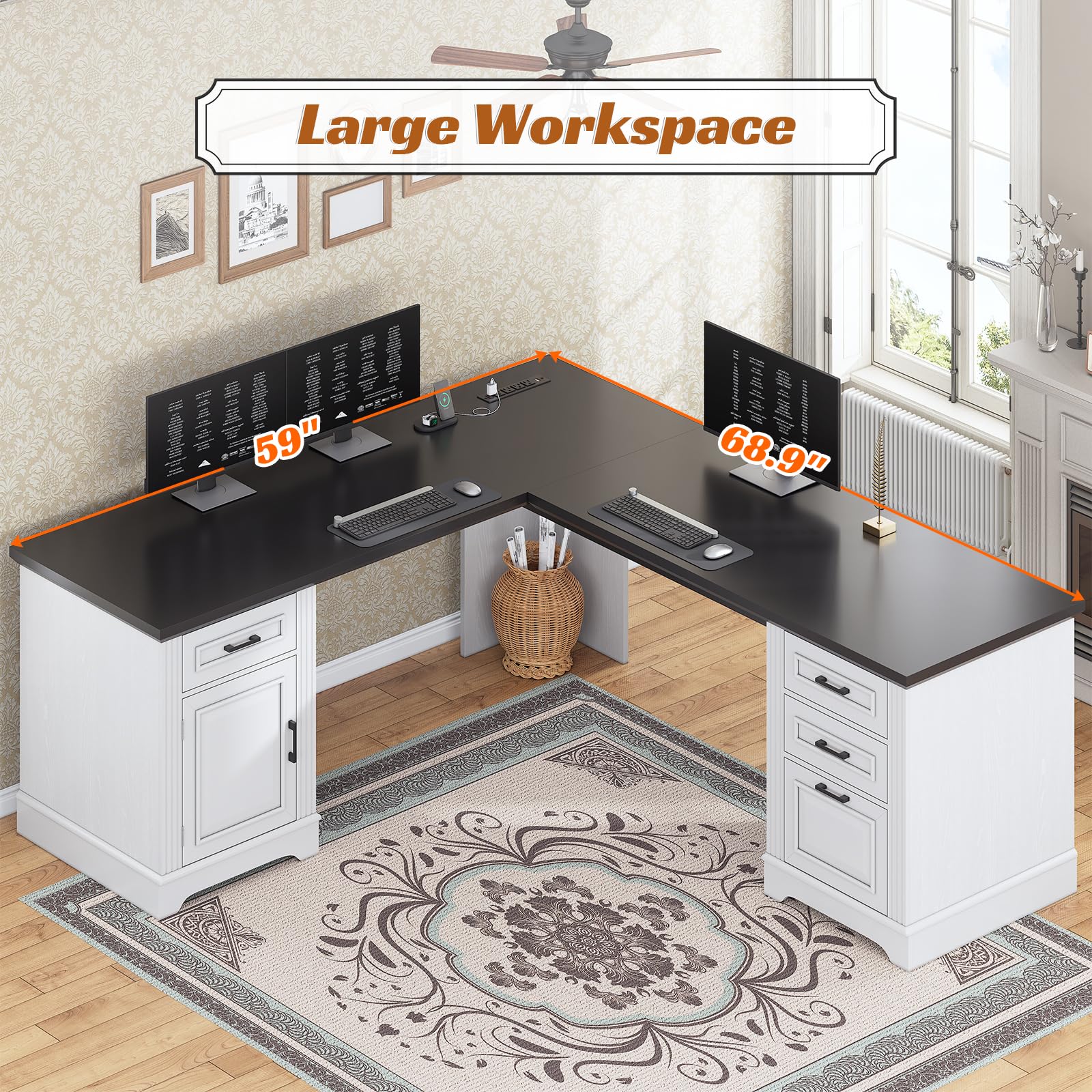69" Executive L-Shaped Desk with Drawers and Storage Cabinet