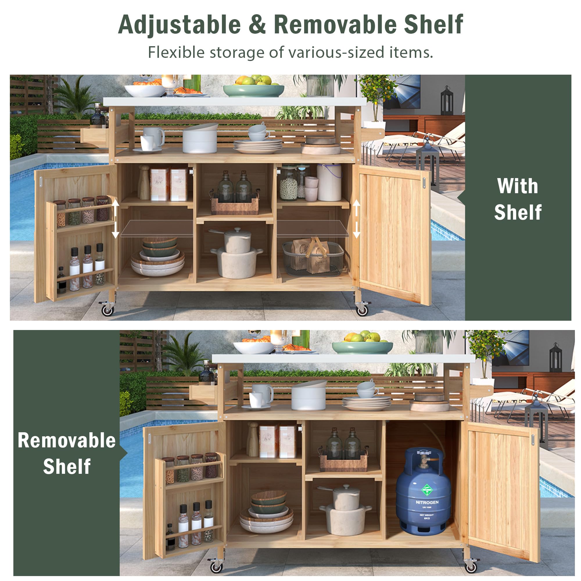 Outdoor Kitchen Island on Wheels with Stainless Steel Top & Storage Cabinet – Natural Fir Wood