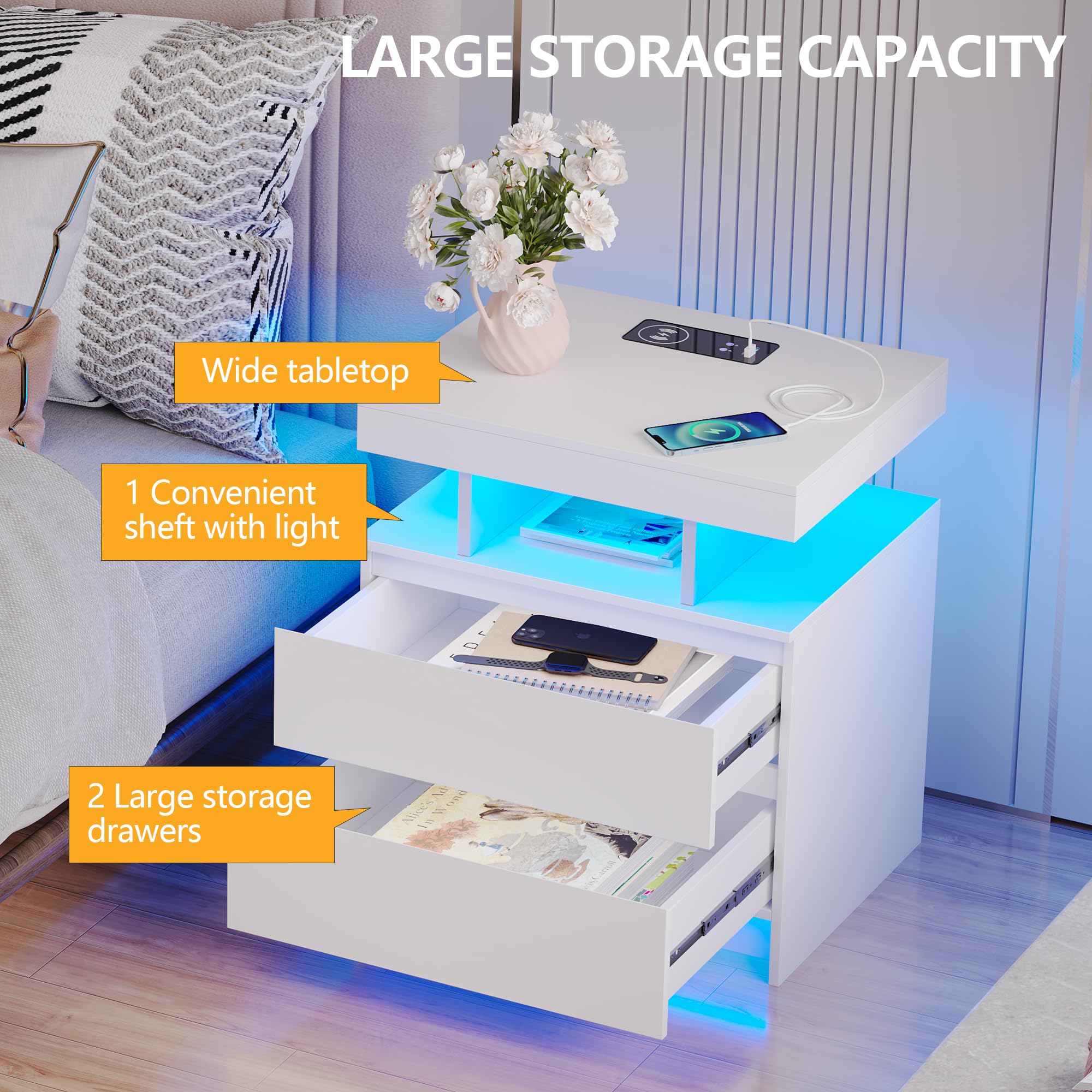 LED Nightstand with Charging Station