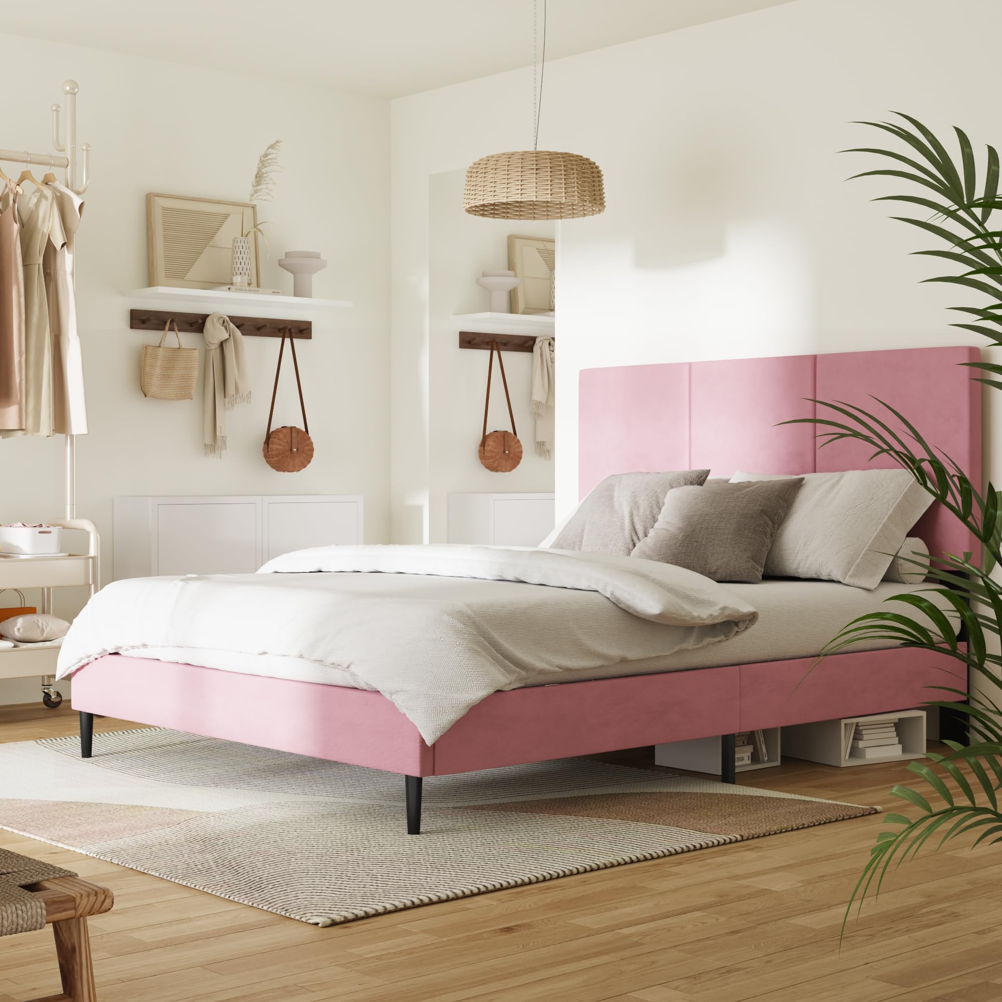 IOILORI Full Size Bed Frame with Upholstered Headboard, Sturdy Wood Slats, No Box Spring Required, Silent, Easy Assembly,Pink