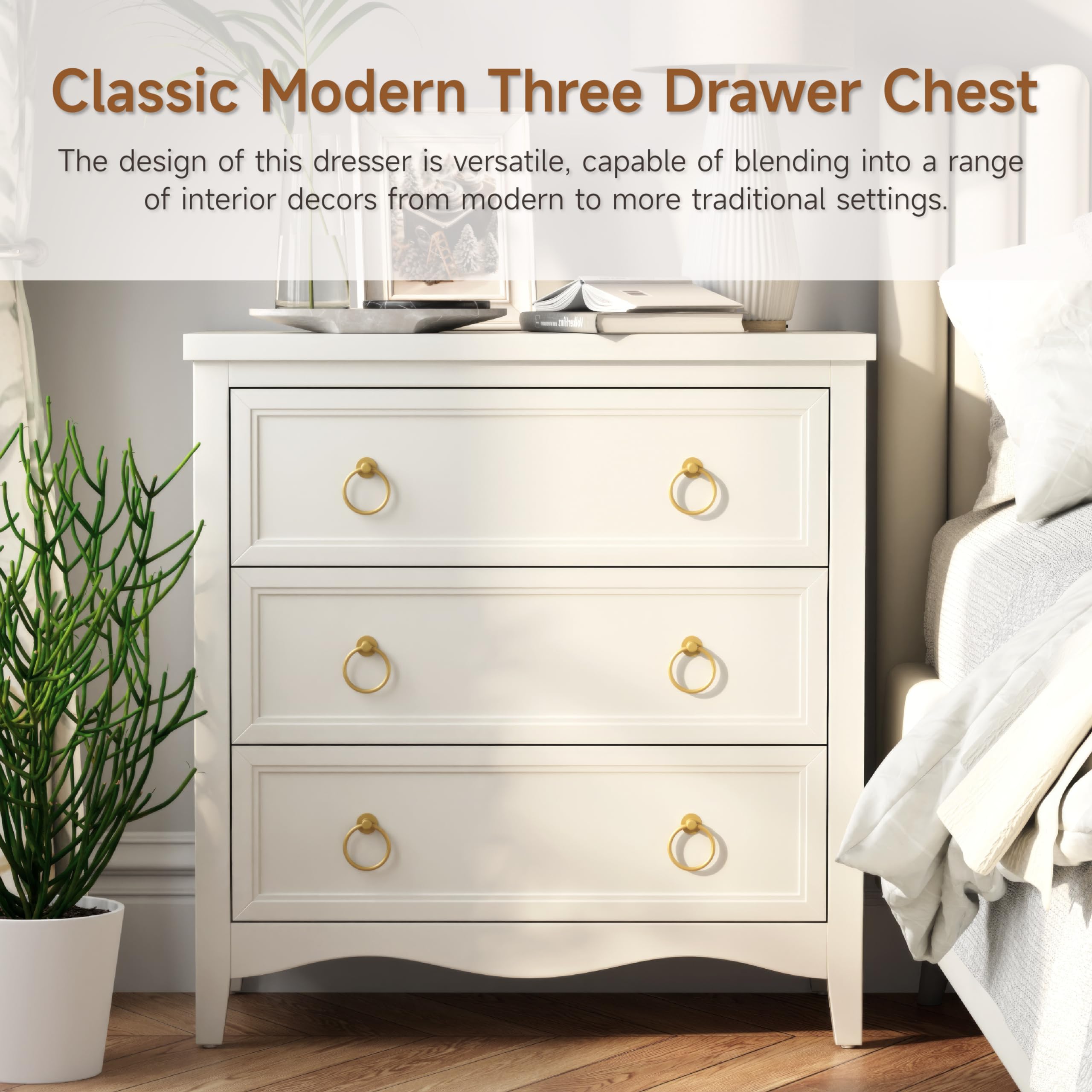3-Drawer Dresser Chest with Bronze Ring Handles