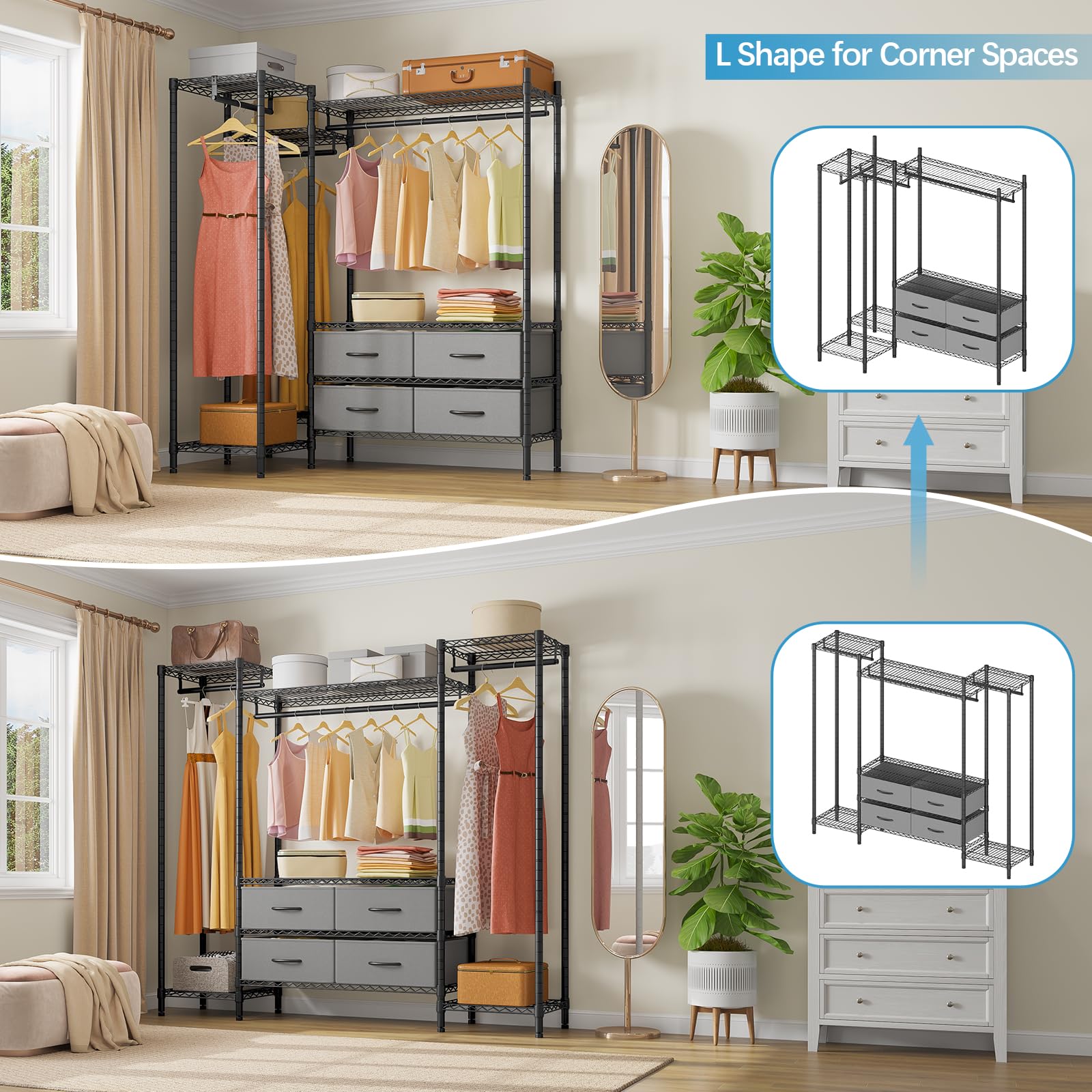 Wire Garment Rack with 6 Shelves, 3 Hang Rods & 4 Fabric Drawers