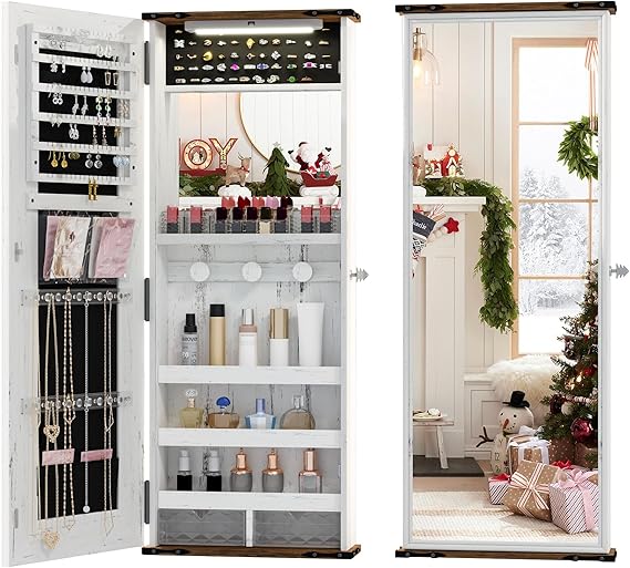 Wall Mounted Jewelry Armoire with Full Length Mirror and LED Light