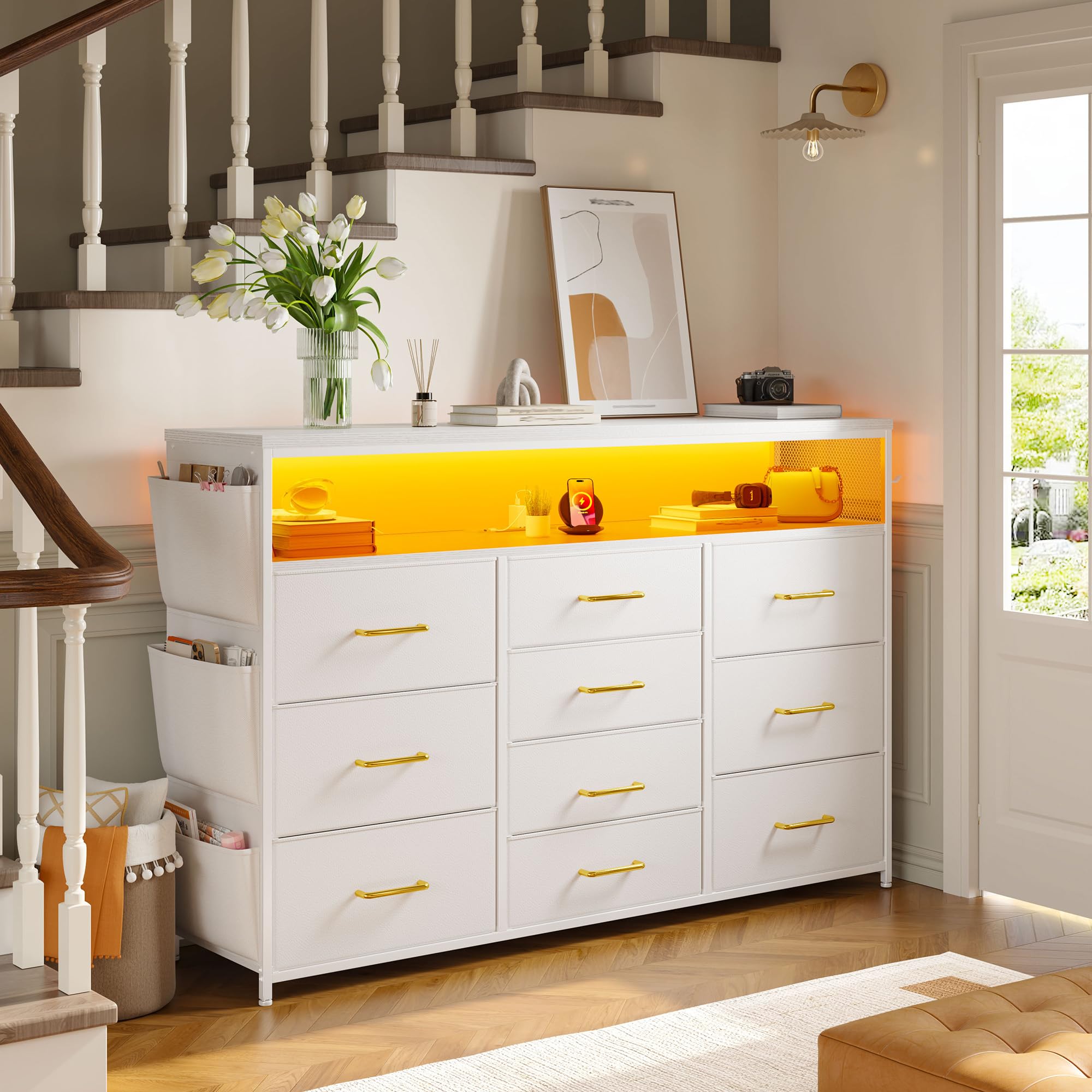 10 Drawer Dresser with Wood Shelves and LED Lights