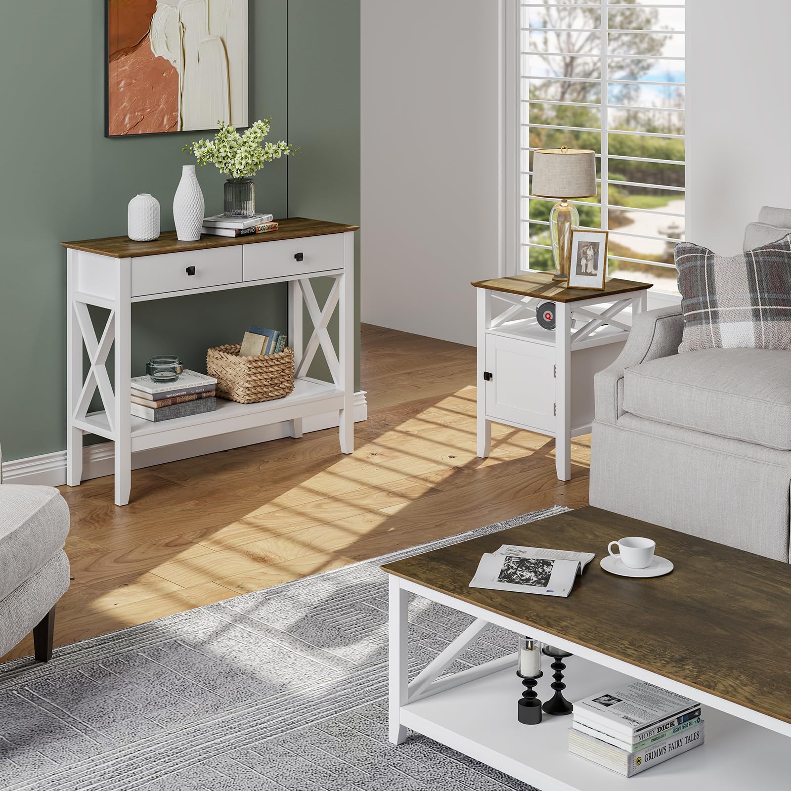 White Farmhouse Console Table with Drawers