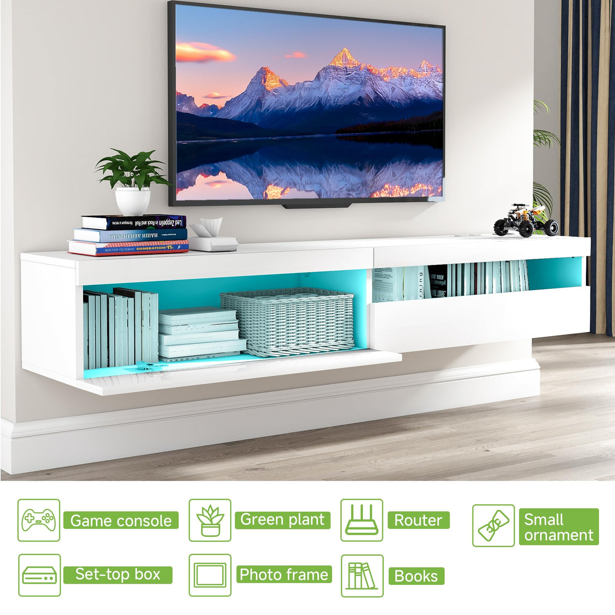 71" Floating TV Stand with LED Lights and Power Outlet