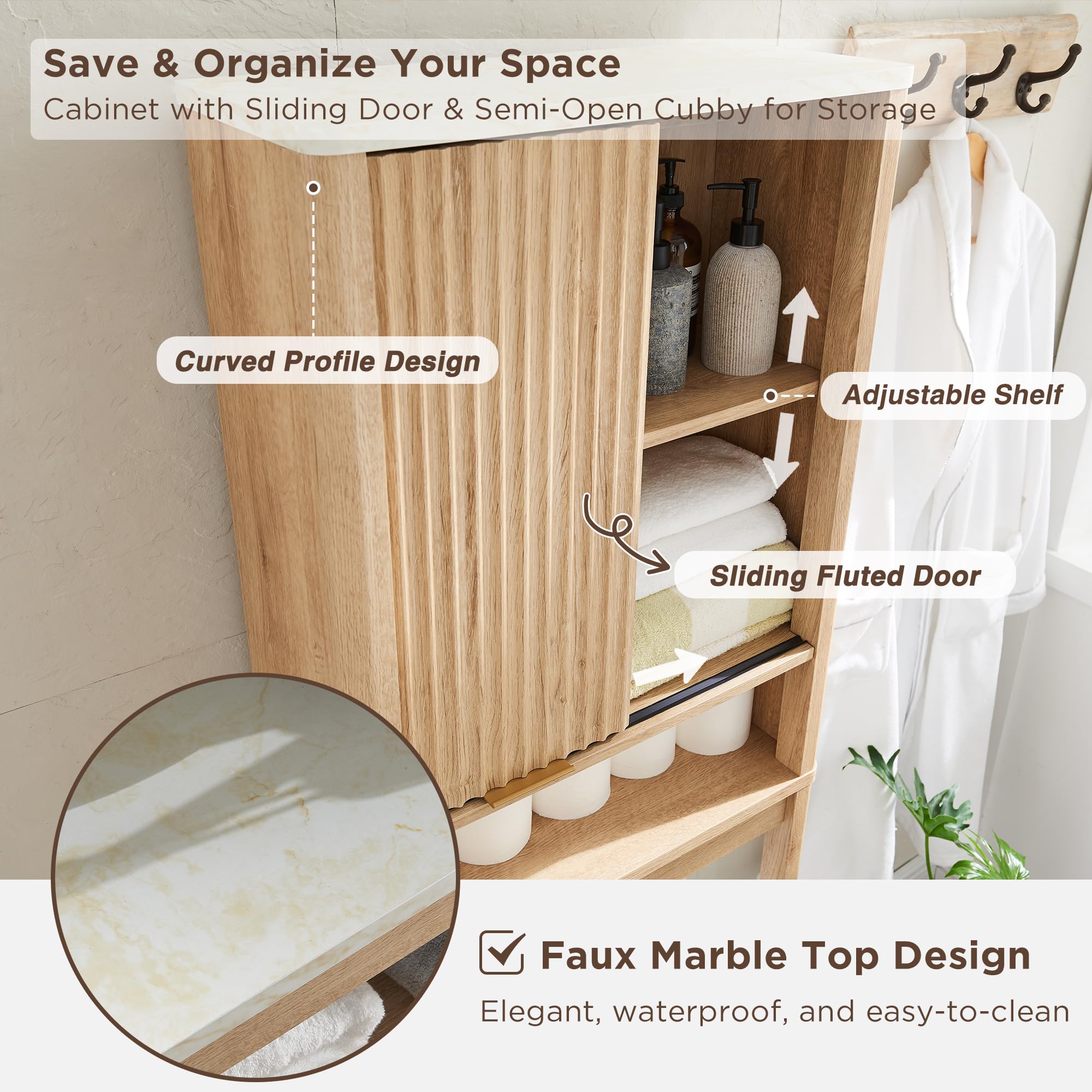 Over The Toilet Storage Cabinet with Fluted Sliding Door