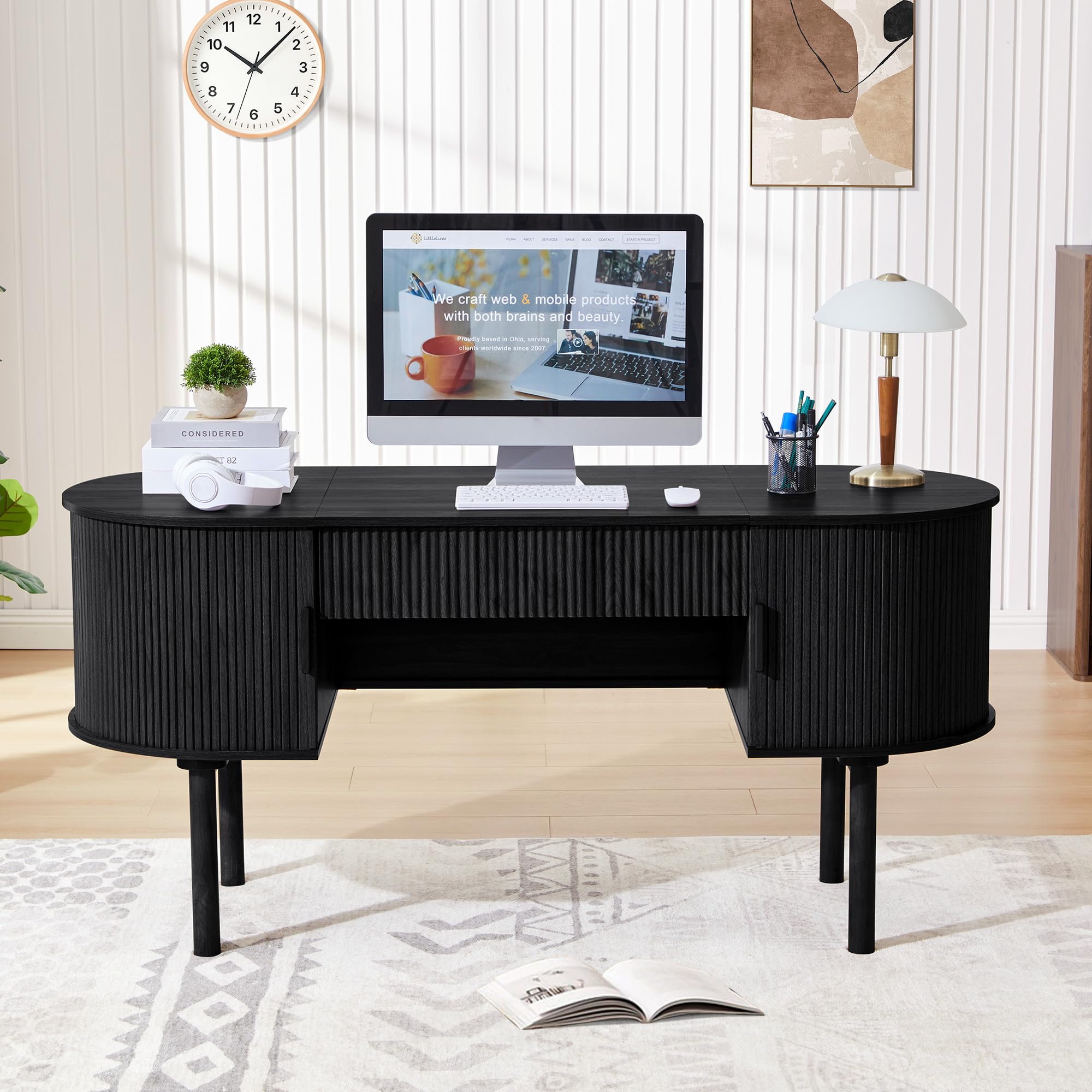 Modern Fluted Oval Executive Desk with Storage