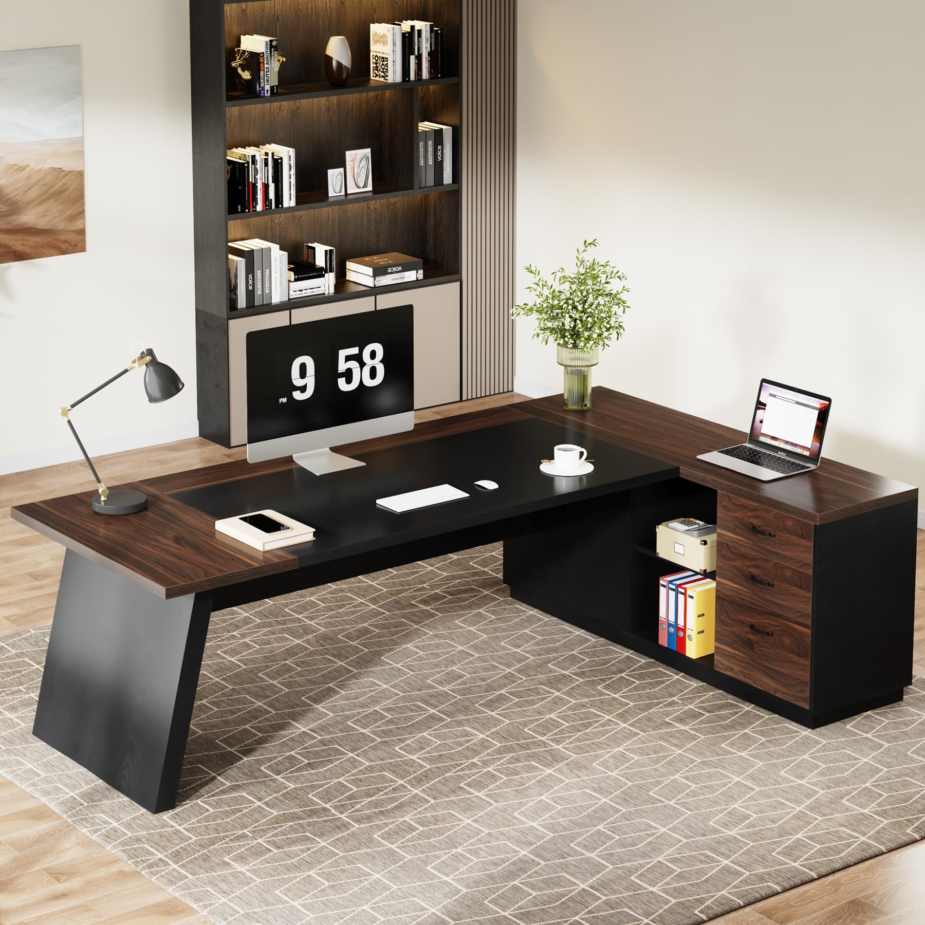 78-Inch L-Shaped Executive Desk with Drawers and File Cabinet