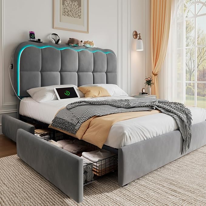 Twin Velvet Platform Bed with Storage & LED Headboard