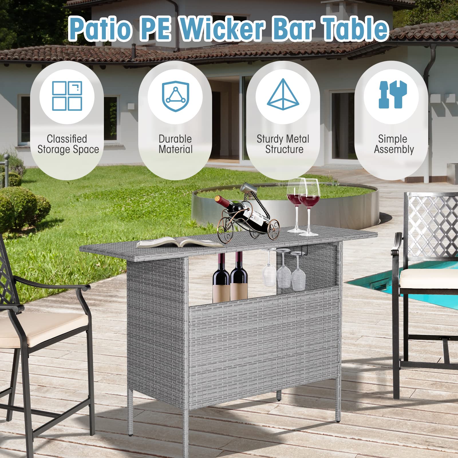 Outdoor Wicker Bar Table with Storage