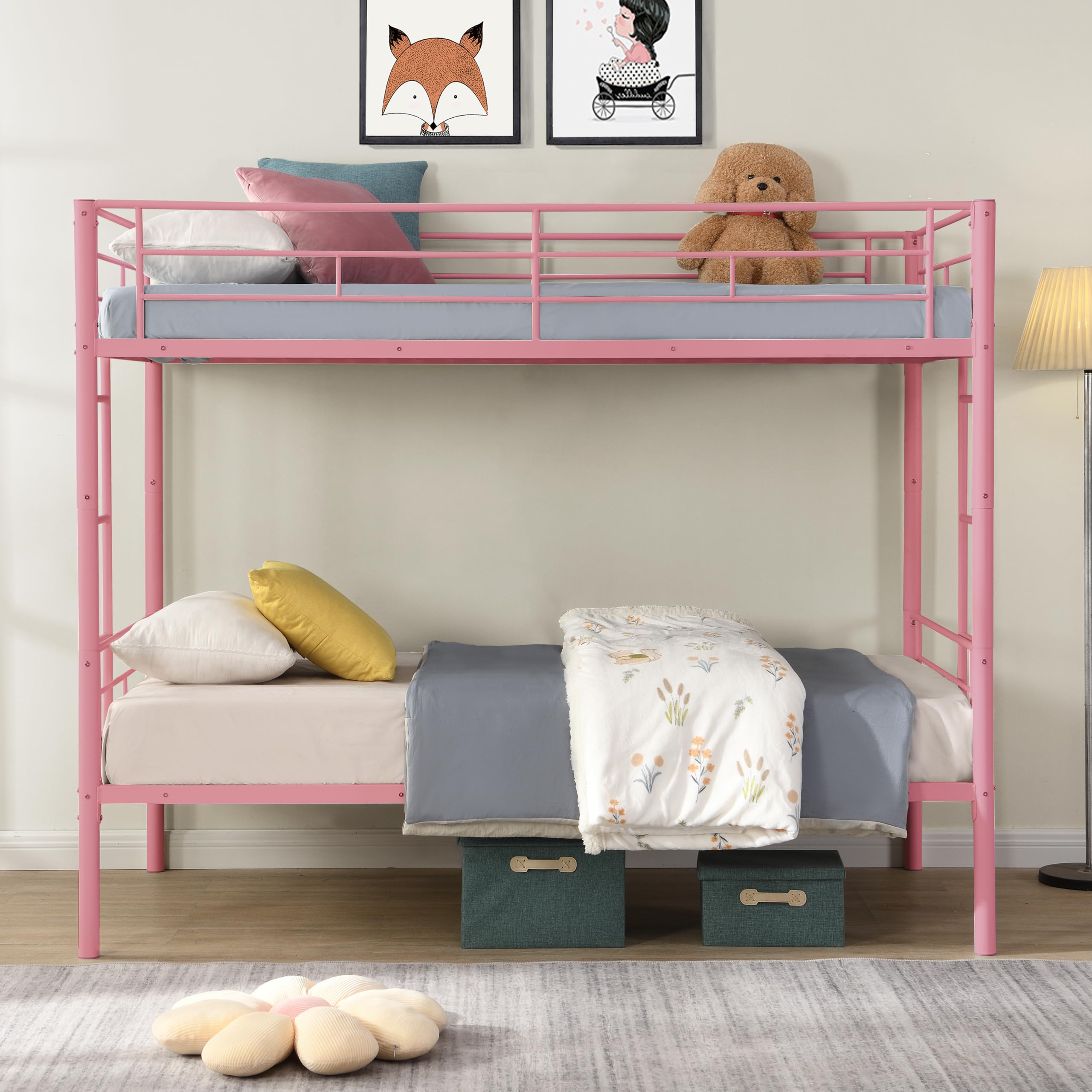 Twin Over Twin Metal Bunk Bed with Ladder and Guardrail - Pink