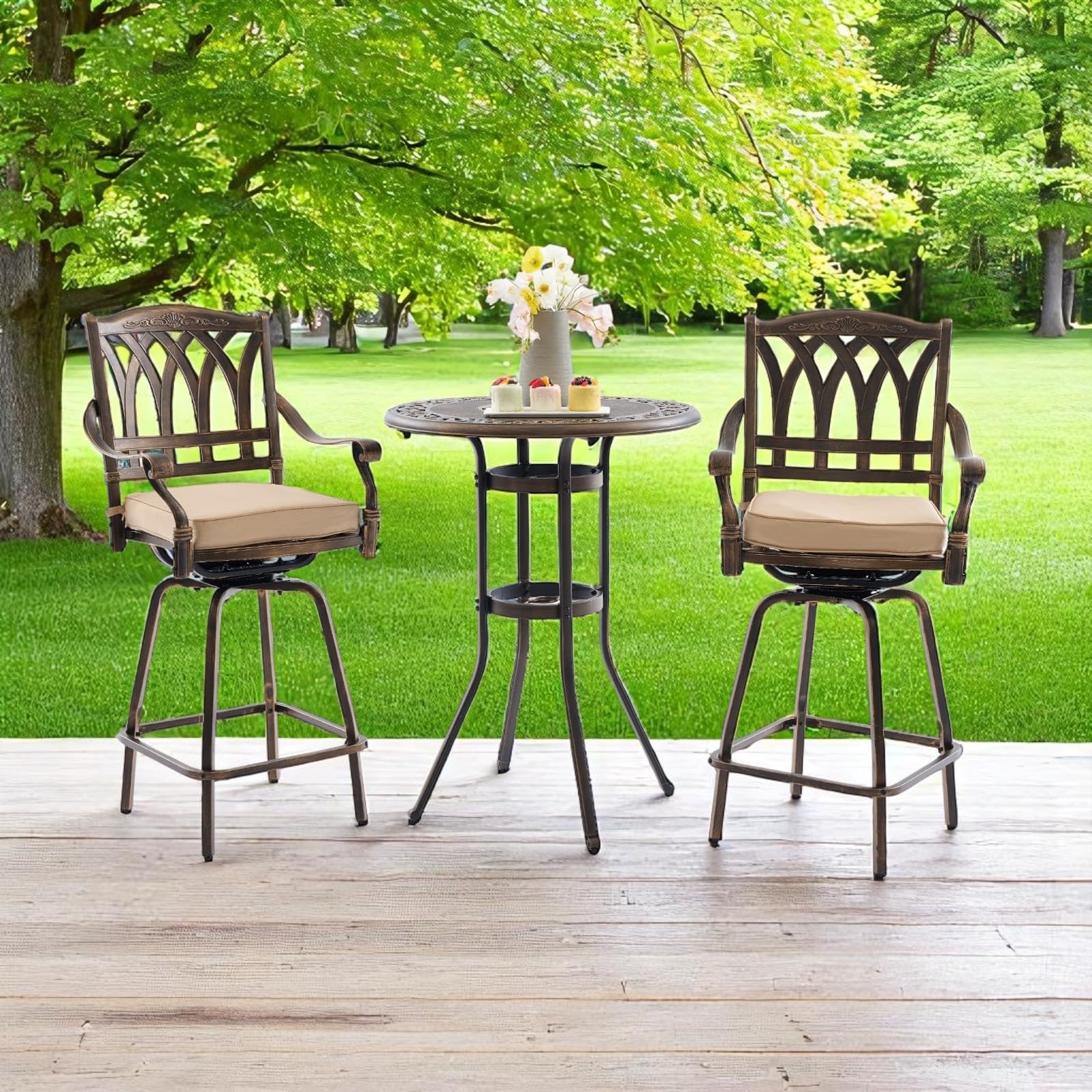 3 Piece Swivel Outdoor Bar Set Cast Aluminum