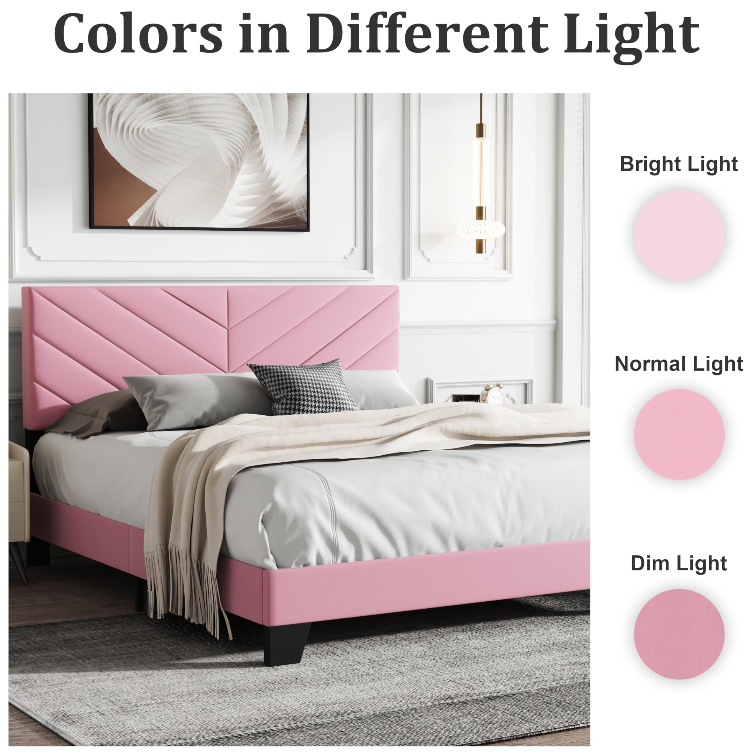 IOILORI Queen Size Bed Frame Platform with Upholstered Headboard, Sturdy Wooden Slats, Noiseless, No Springs Required, Easy to Assemble Pink