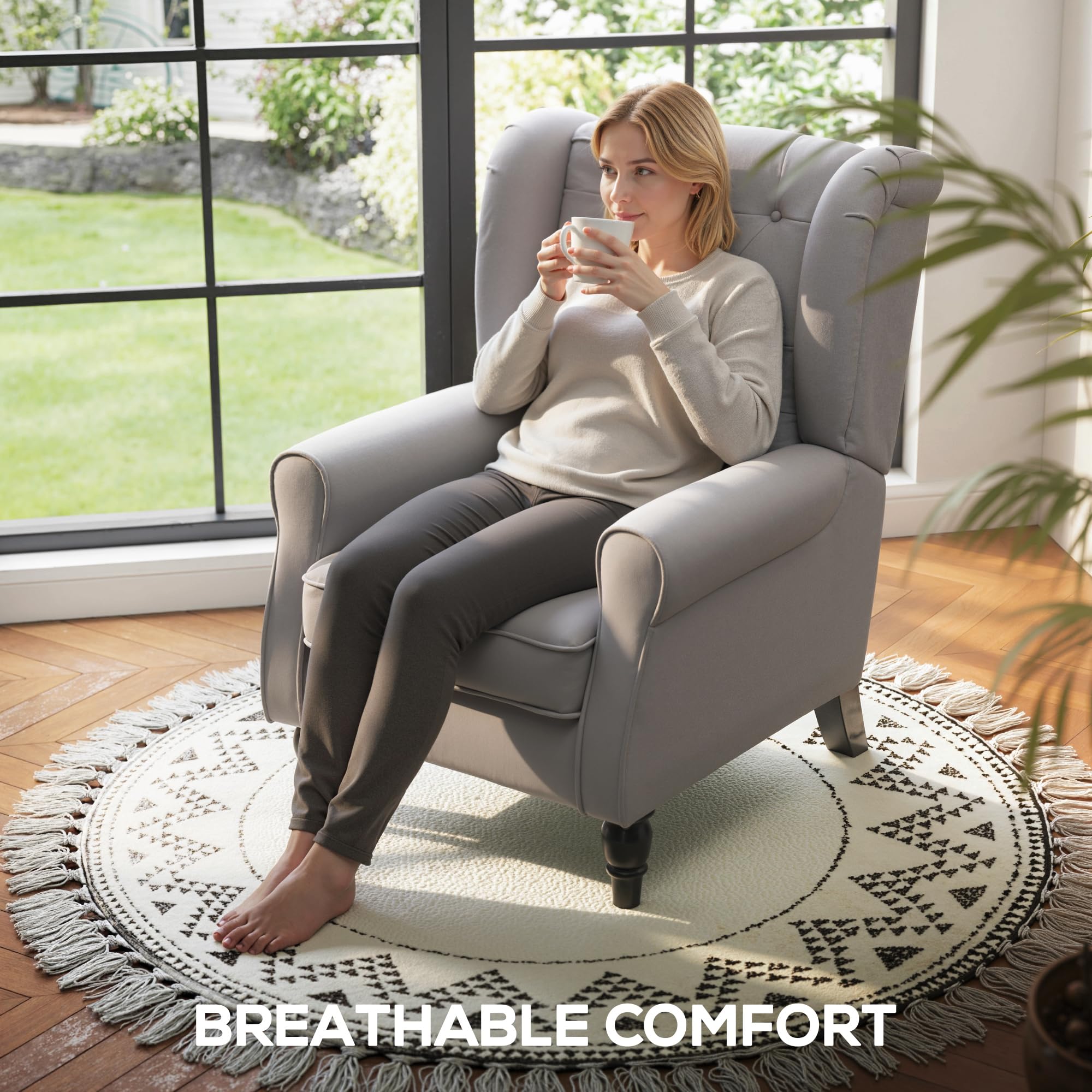 Button-Tufted Accent Chair with Wingback and Wood Legs