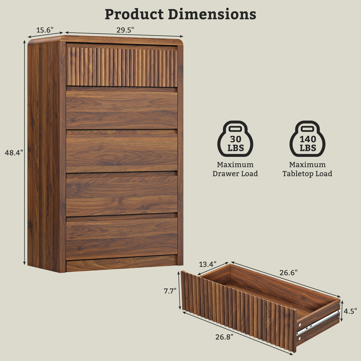 5-Drawer Tall Fluted Dresser with Curved Edges – Walnut Bedroom Chest of Drawers, 48"