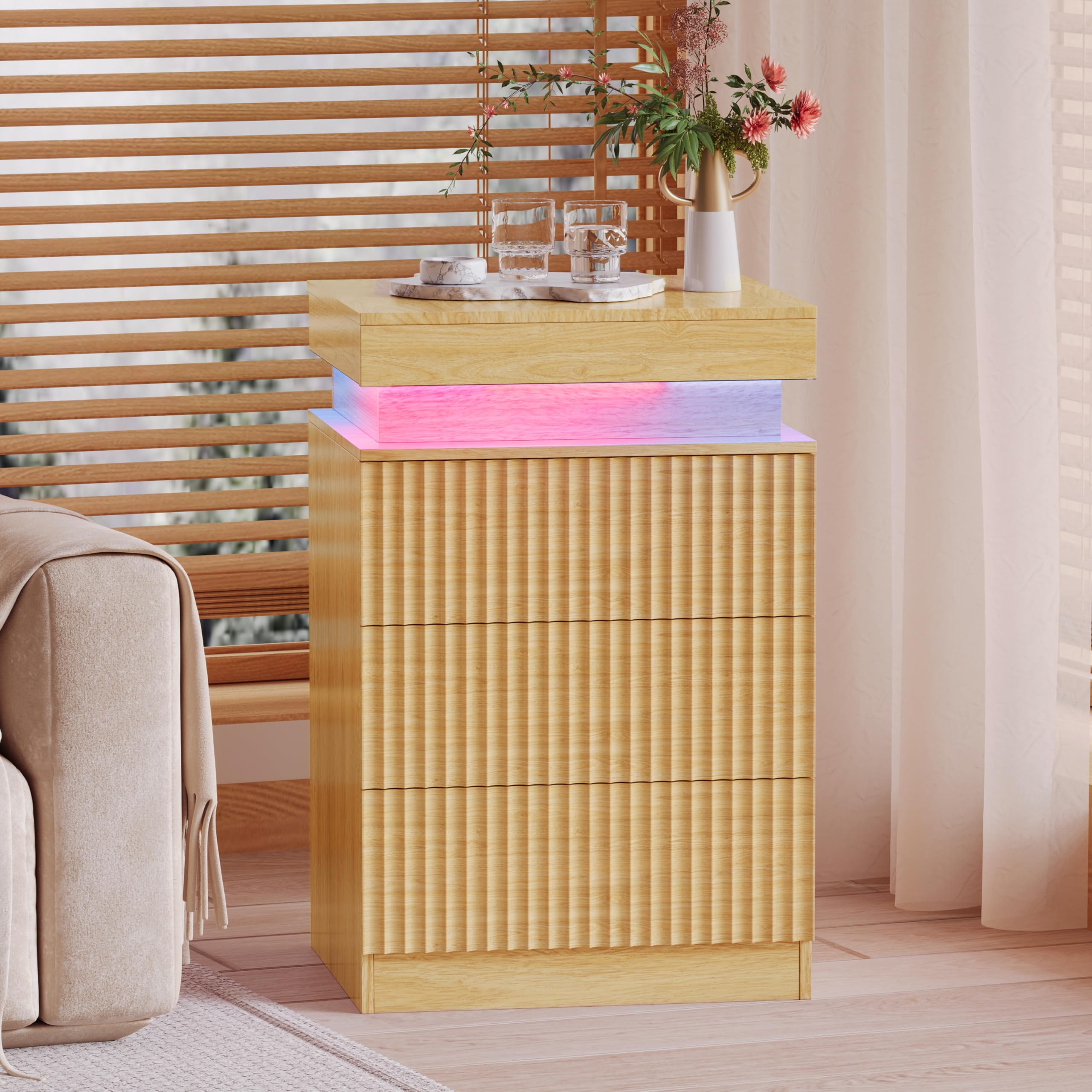 Mid Century Modern Nightstand with LED Light and Charging Station