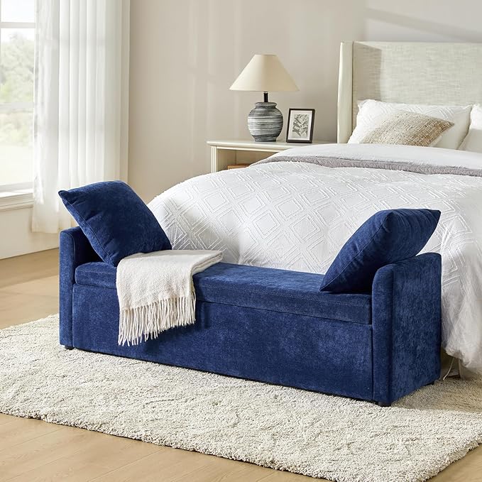 59.4" Modern Storage Bench with Throw Pillows - Beige Upholstered Ottoman