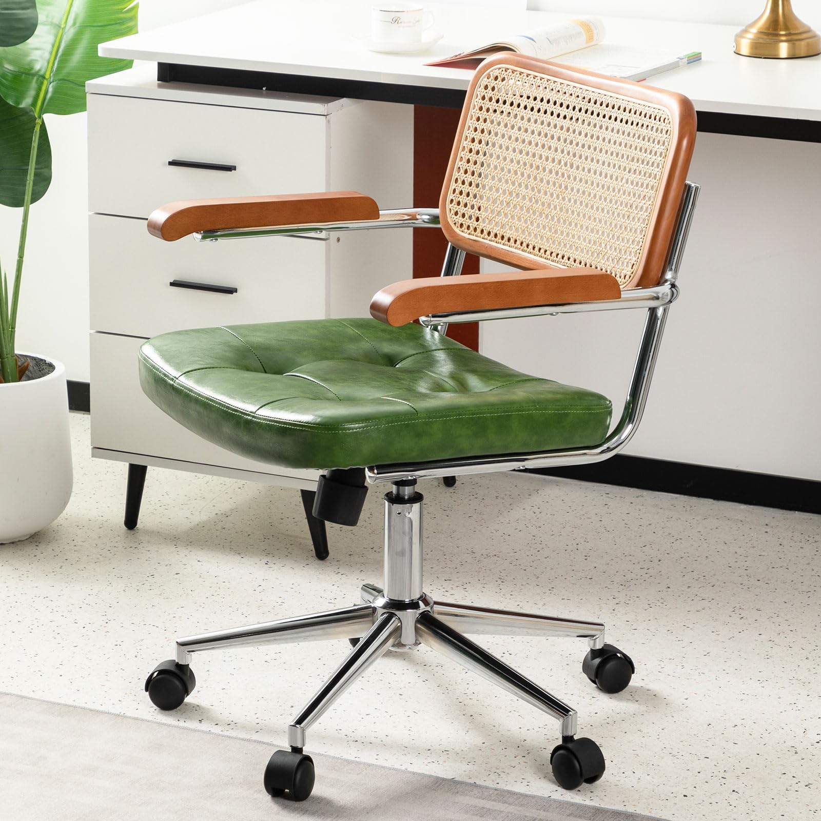 Rattan Office Chair with Wood Armrest