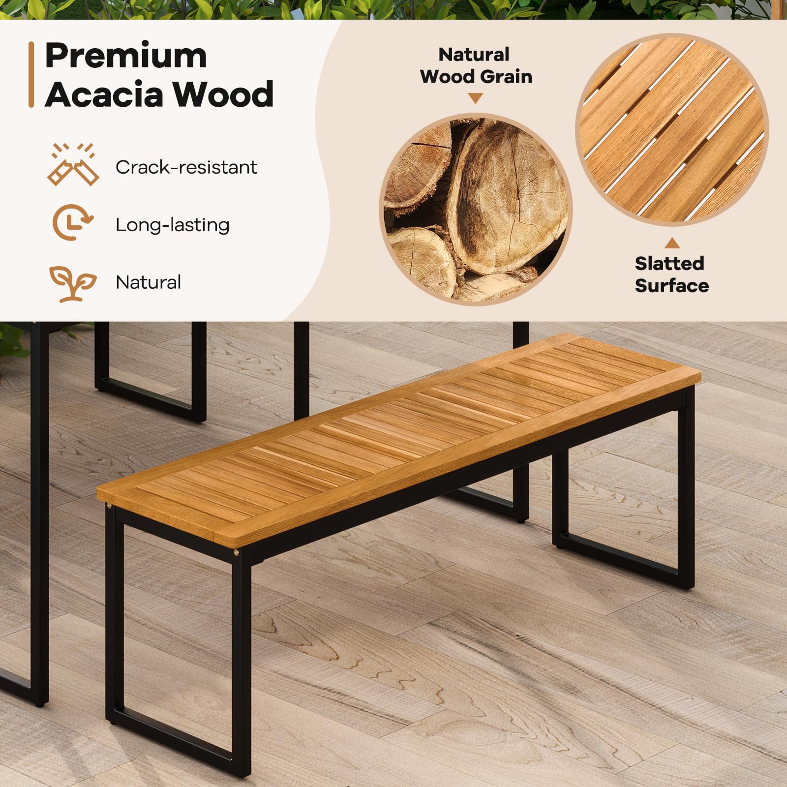 Acacia Wood Outdoor Dining Bench Set of 2 with Metal Legs