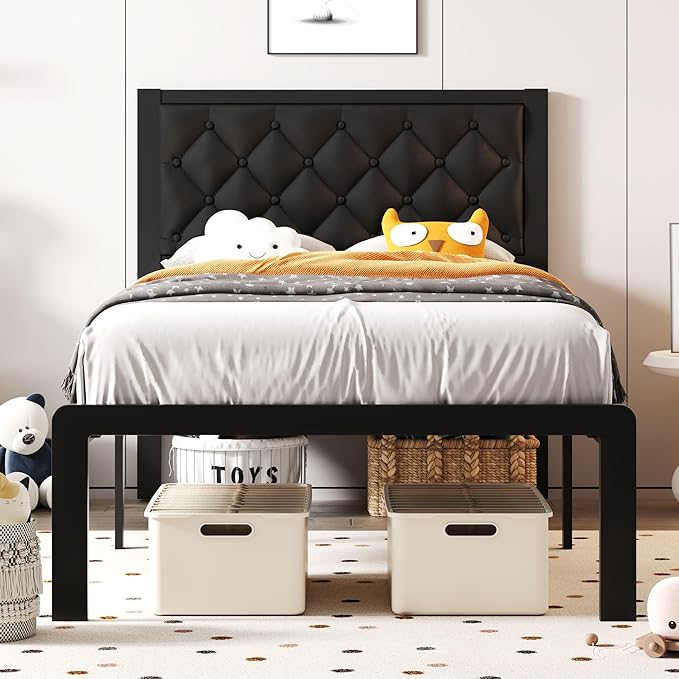 Queen Bed Frame with PU Leather Upholstered Headboard