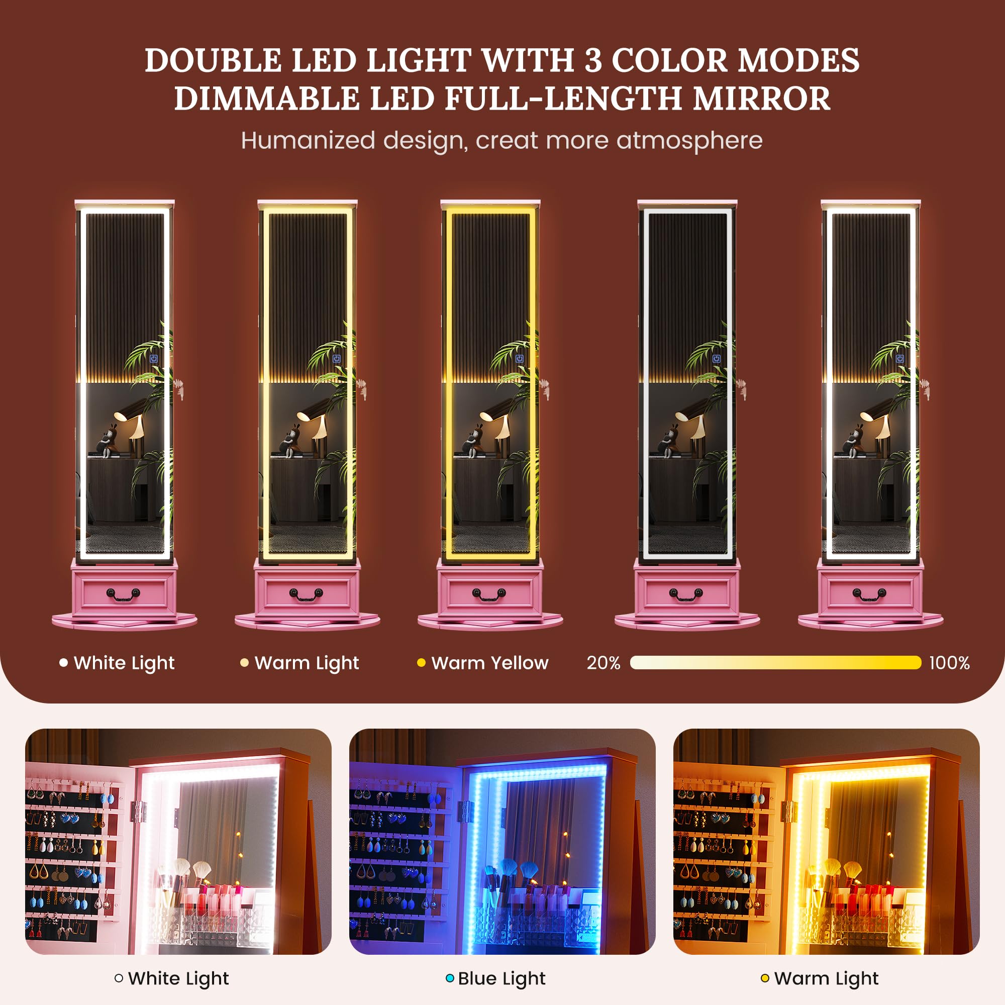 LED Mirror Jewelry Cabinet with 360° Swivel and Storage Drawer