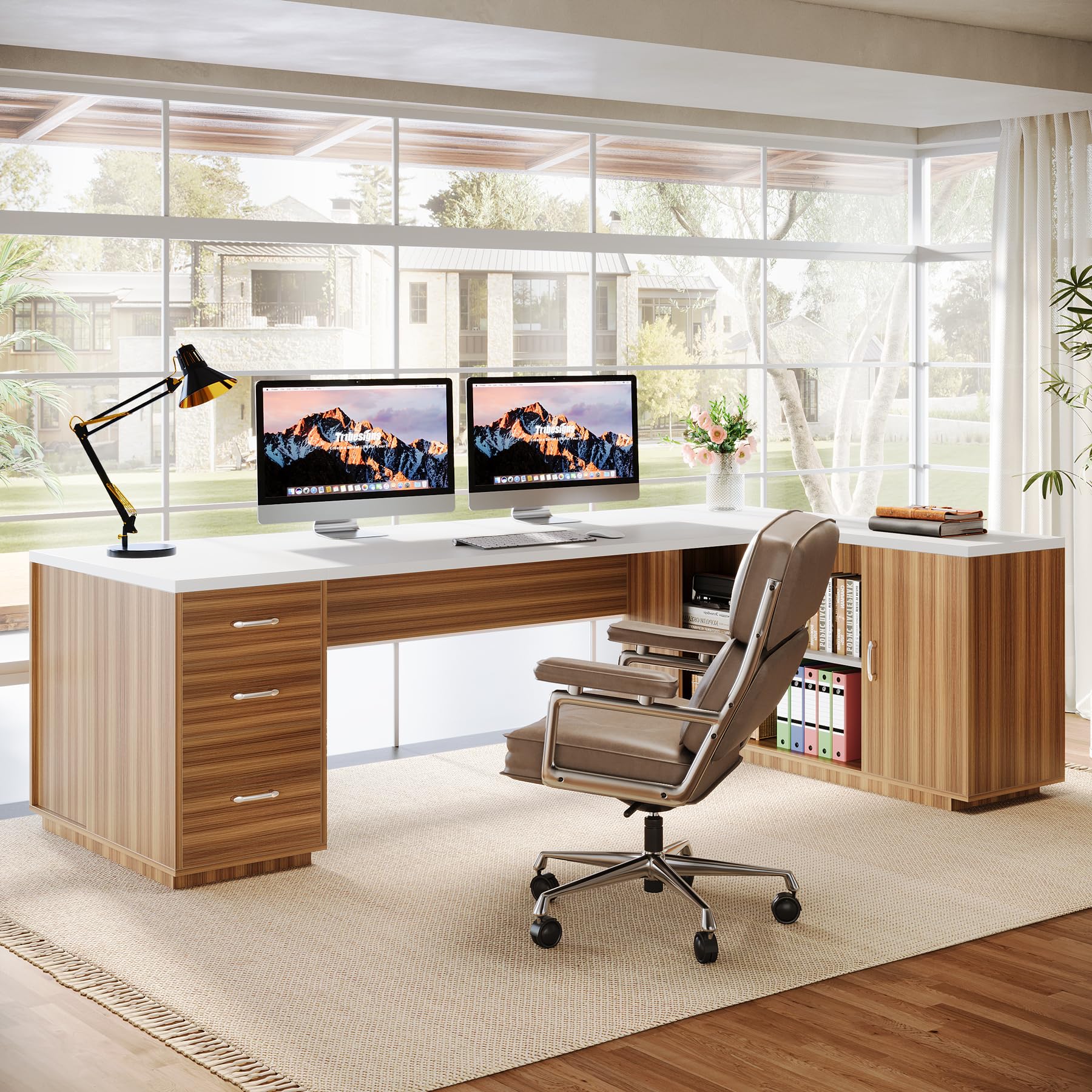 85.8-Inch L-Shaped Executive Desk with File Drawers and Cabinet