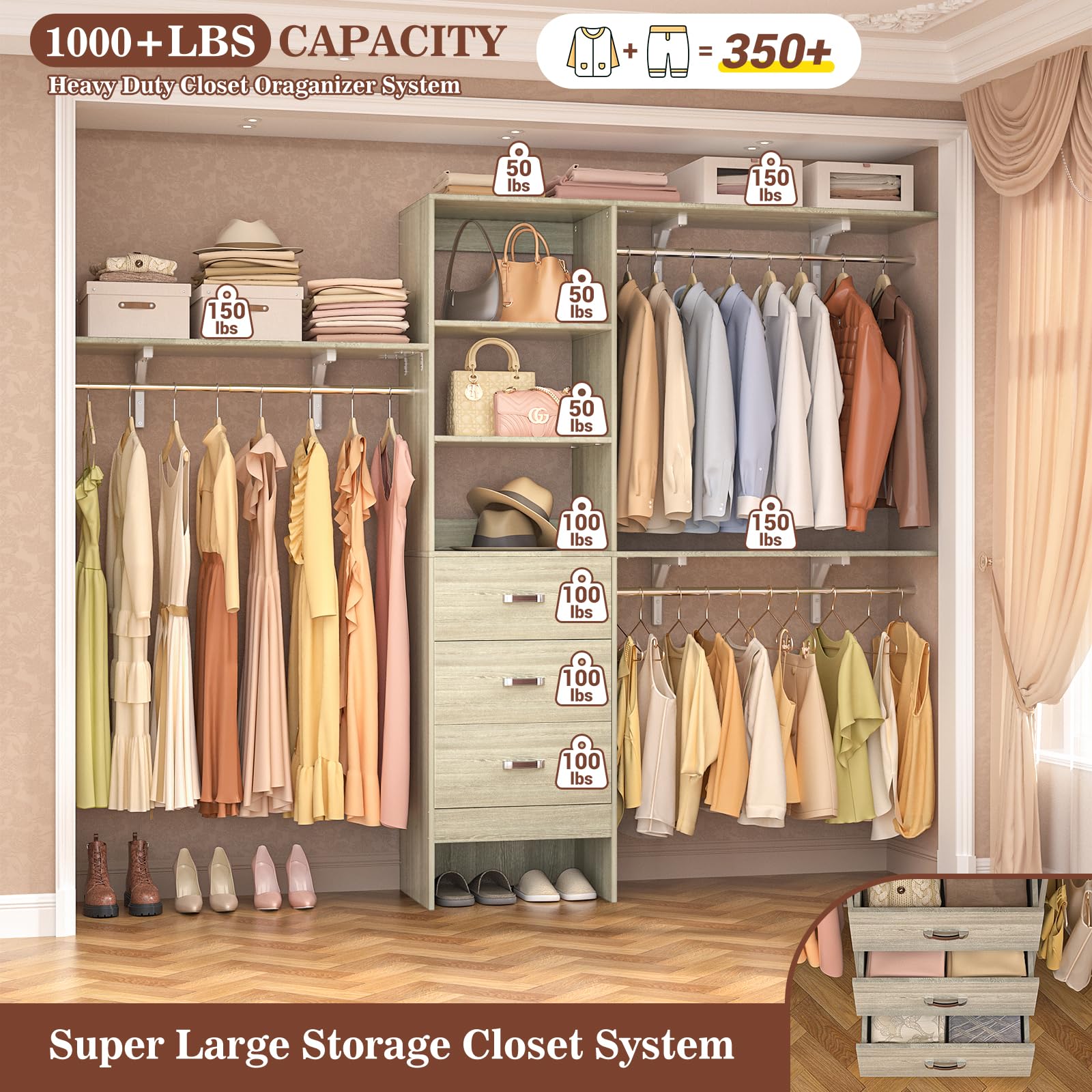 96 Inch Walk-In Closet Organizer System with 3 Shelving Towers and Drawers