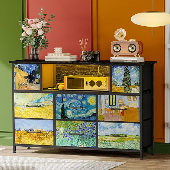 Dresser TV Stand with Charging Station and LED Light - 8 Drawer