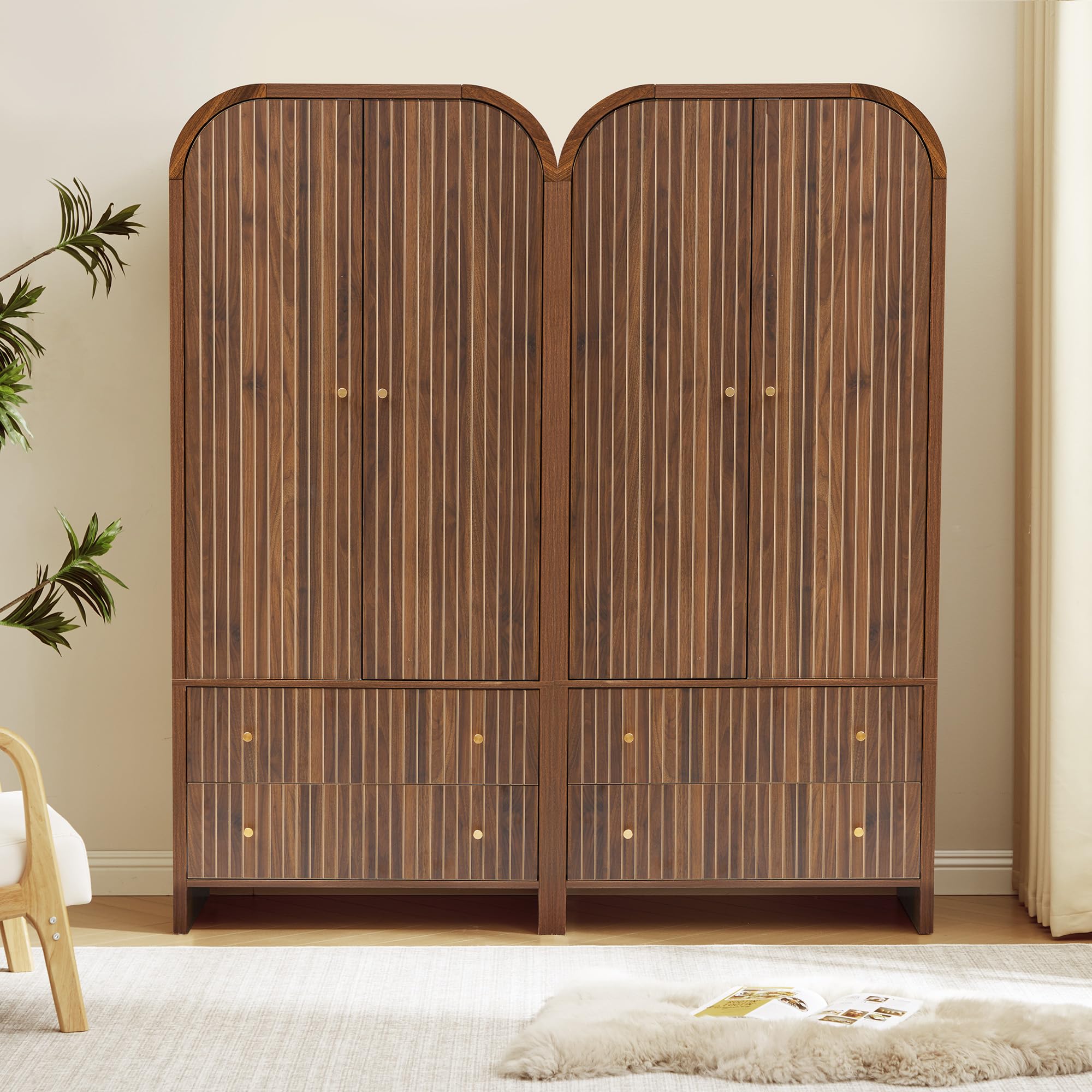 Arched Armoire Wardrobe Closet with Hanging Rod and 2 Drawers