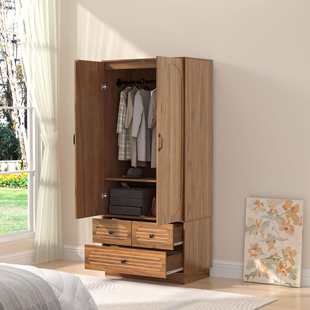Armoire Wardrobe Closet with Doors and 3 Drawers - Walnut