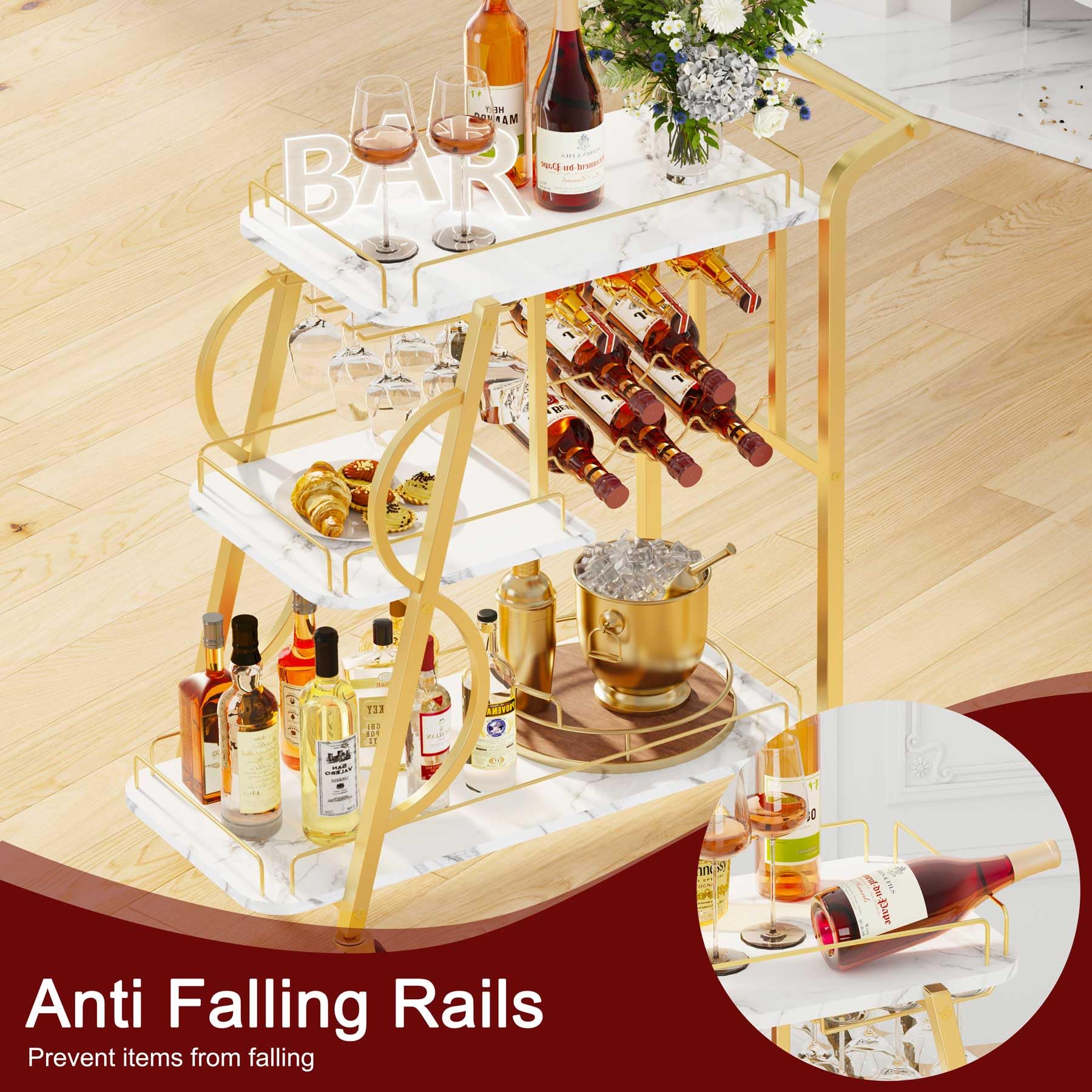3-Tier Gold Bar Cart with Wine Glass Holder