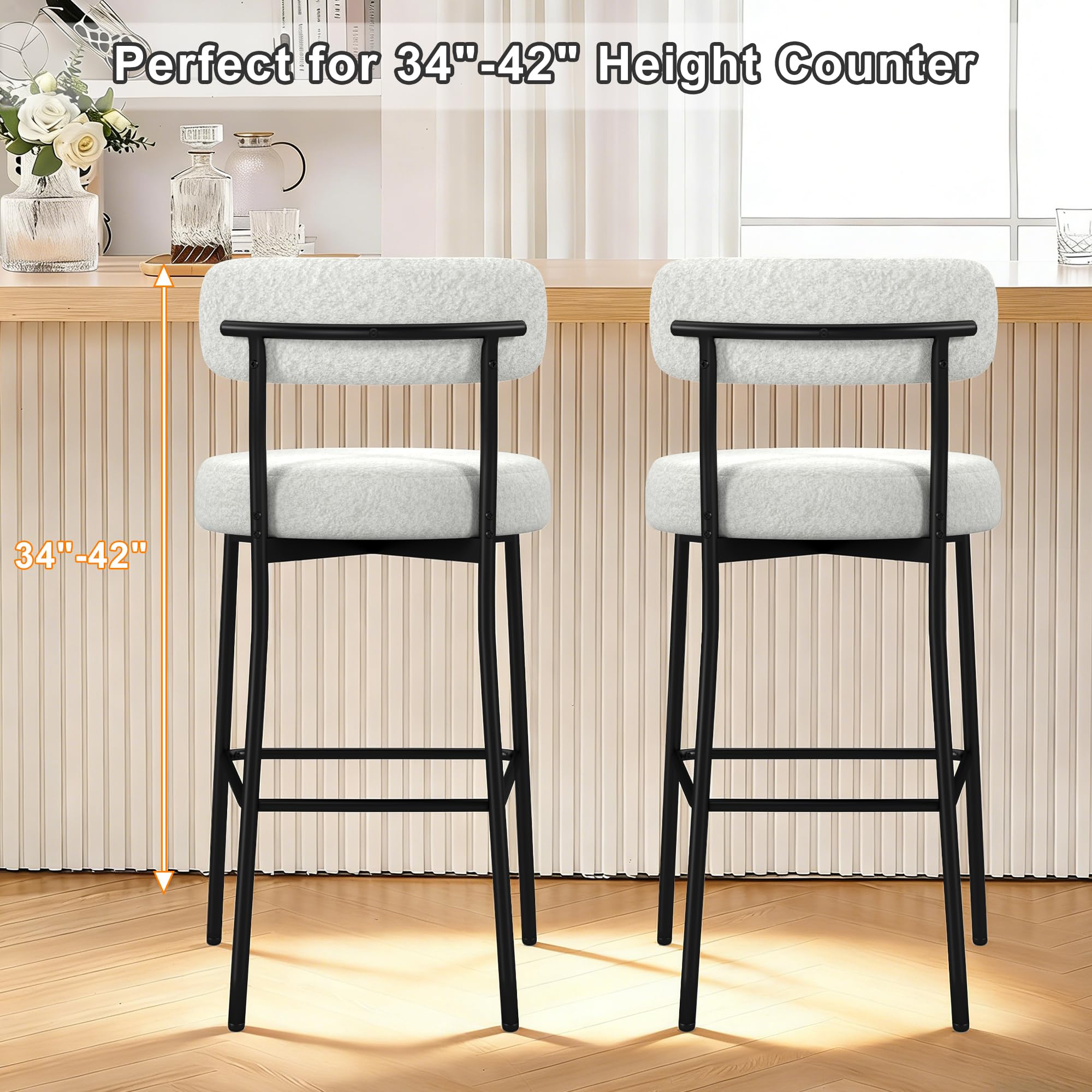 White Boucle Counter Height Barstools Set of 2